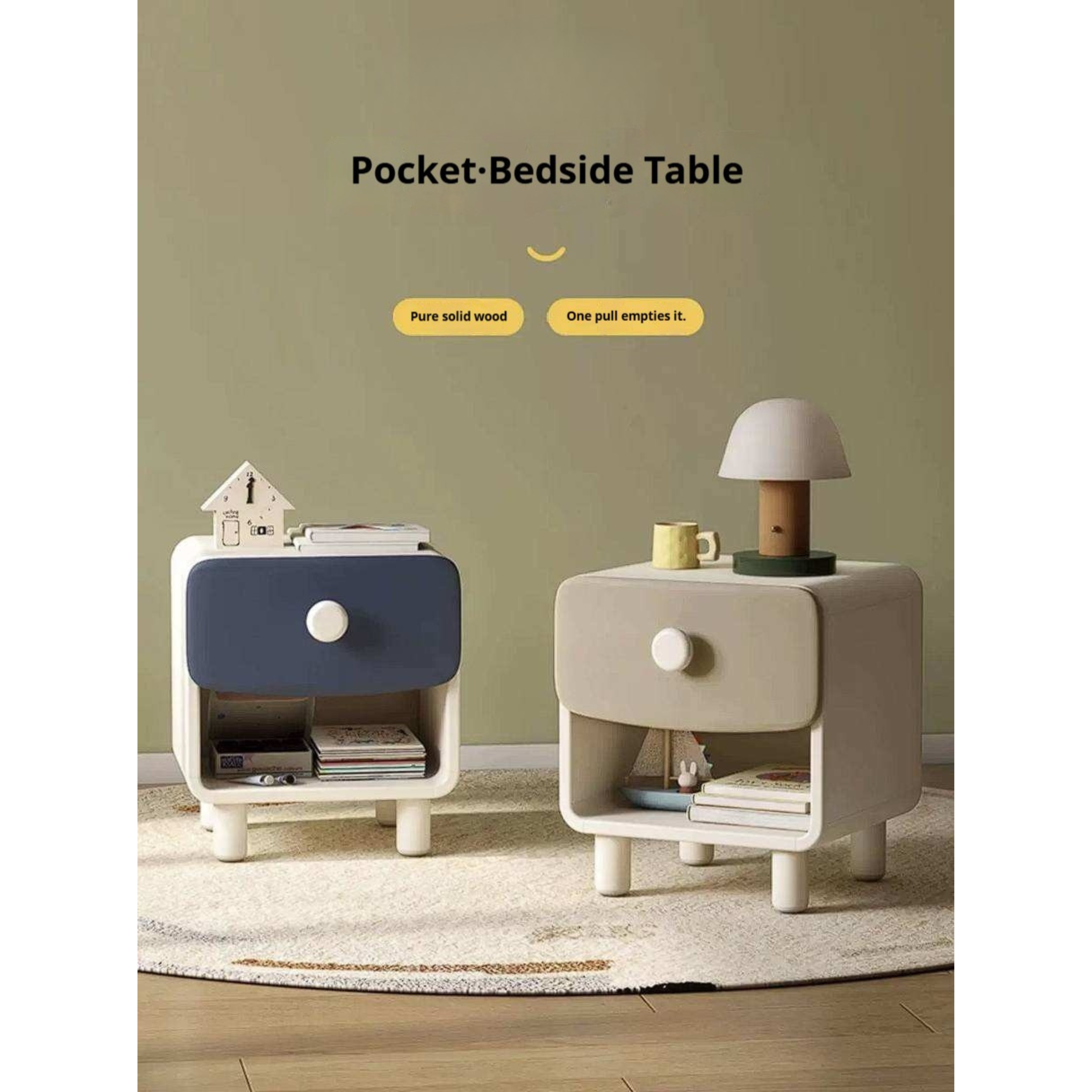 Solid Rubberwood Kids Modern Nightstand