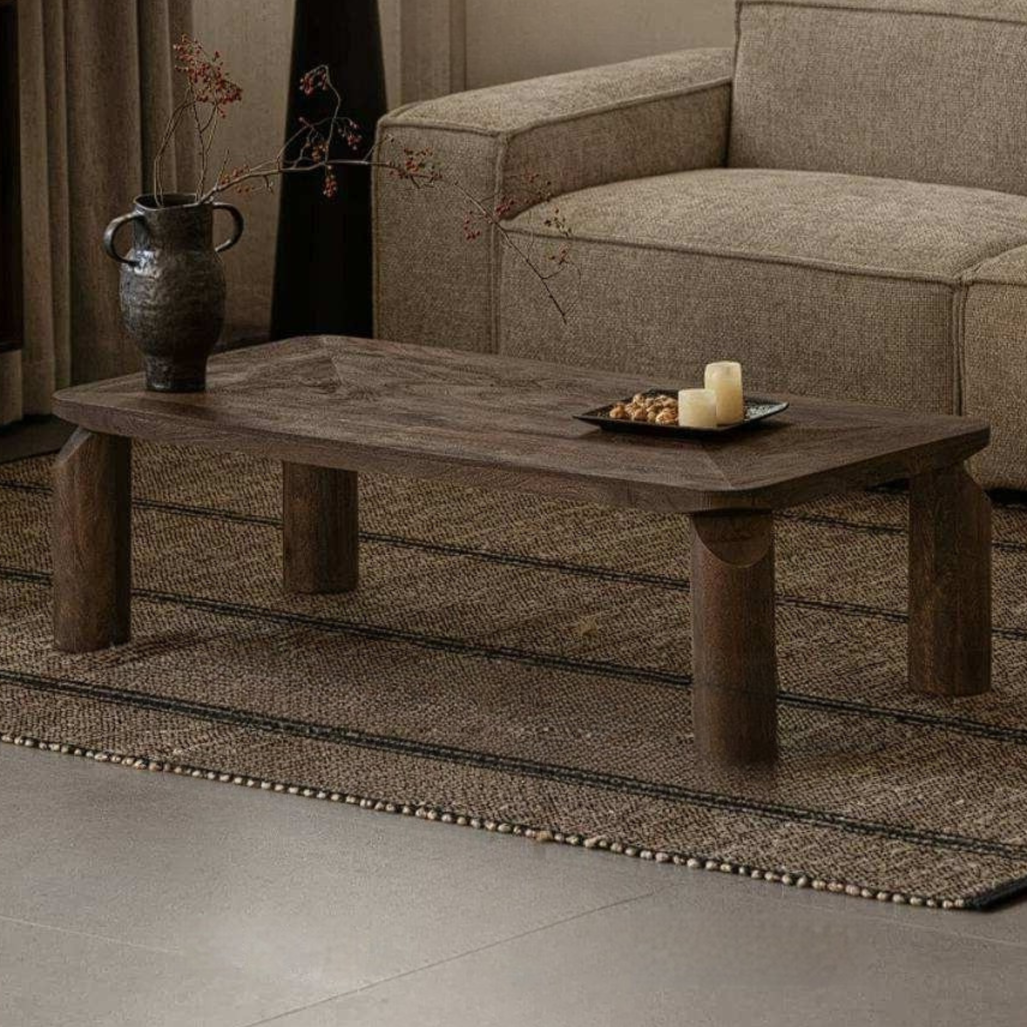 Mango Wood Solid Rustic Low Coffee Table with Chunky Cylindrical Legs