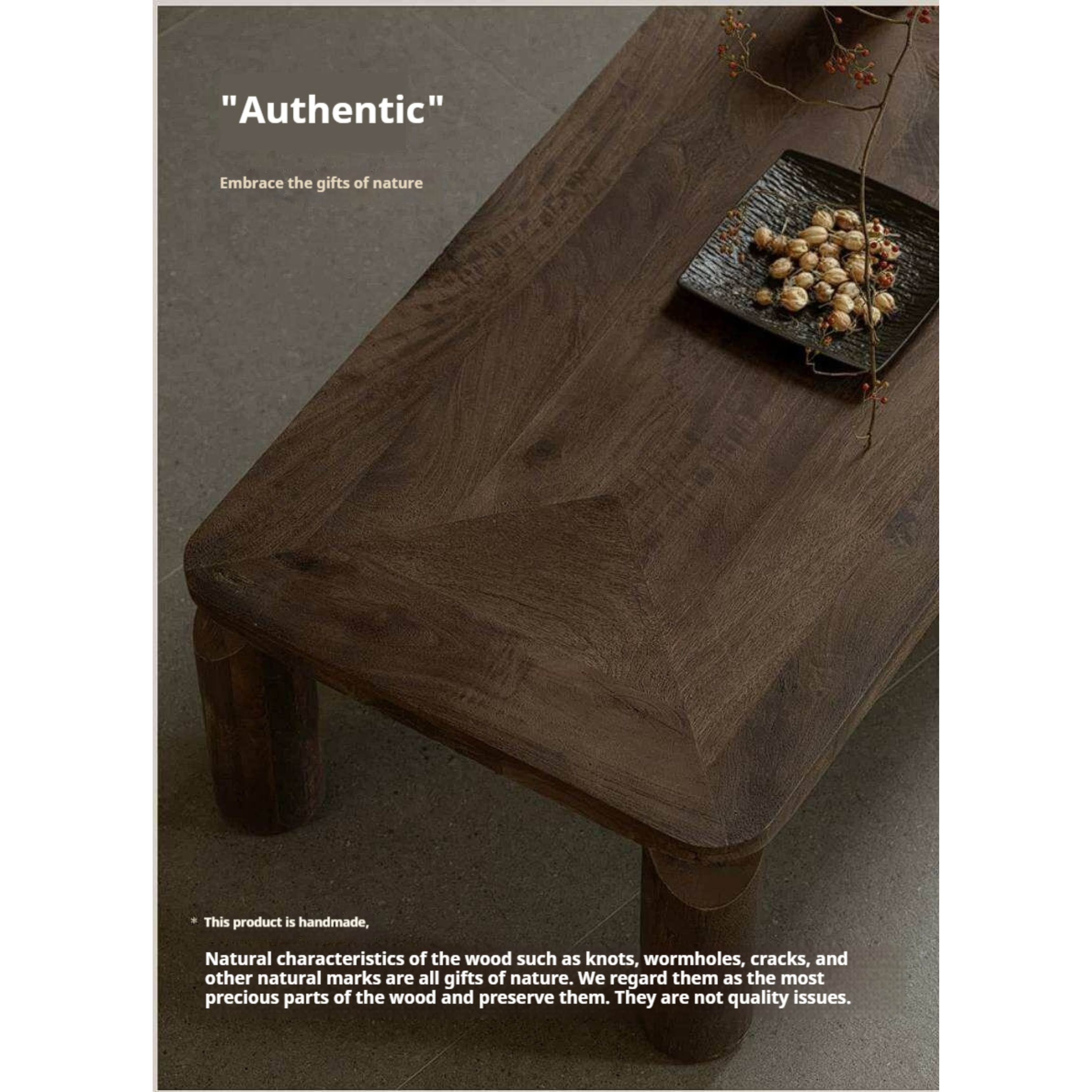 Mango Wood Solid Rustic Low Coffee Table with Chunky Cylindrical Legs