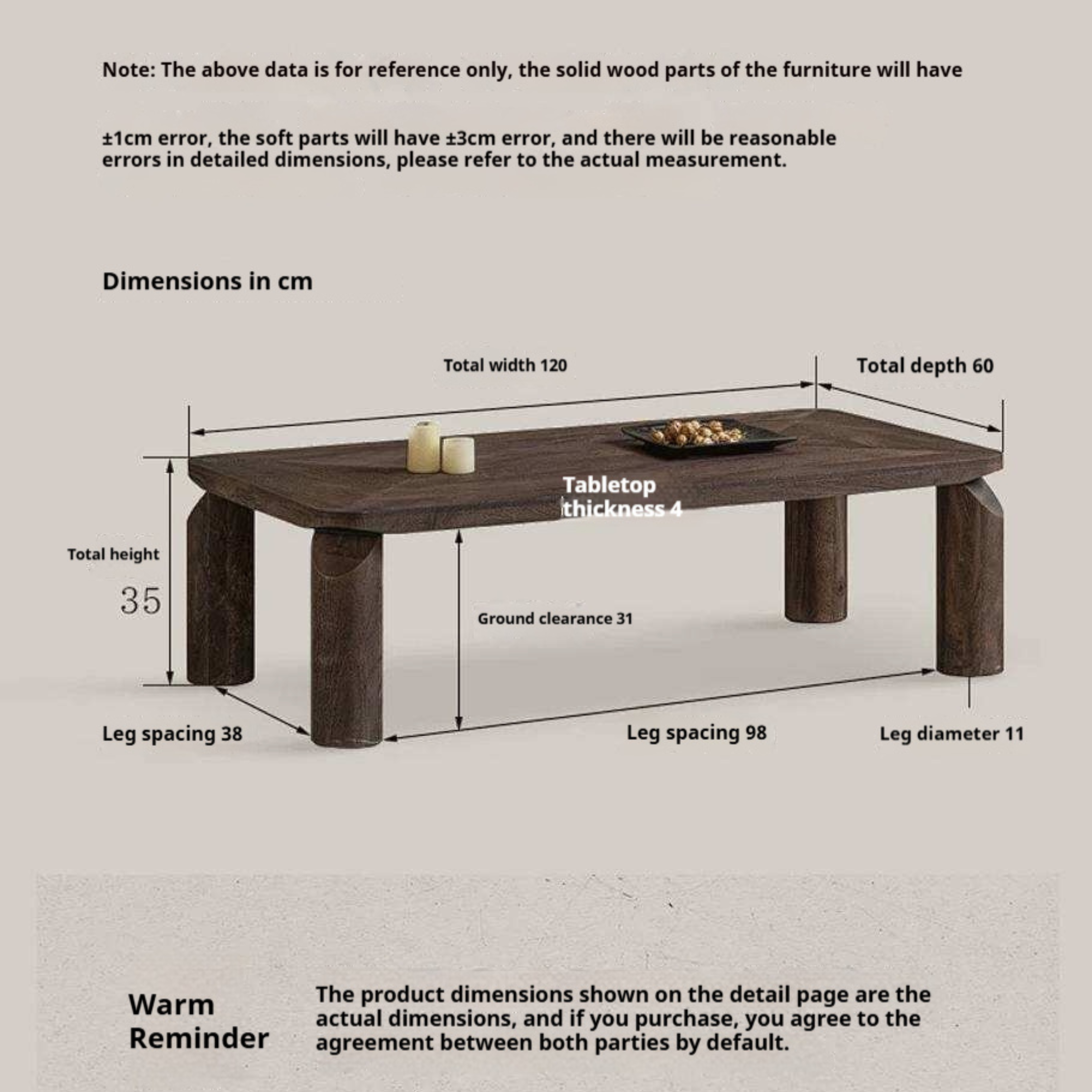 Mango Wood Solid Rustic Low Coffee Table with Chunky Cylindrical Legs