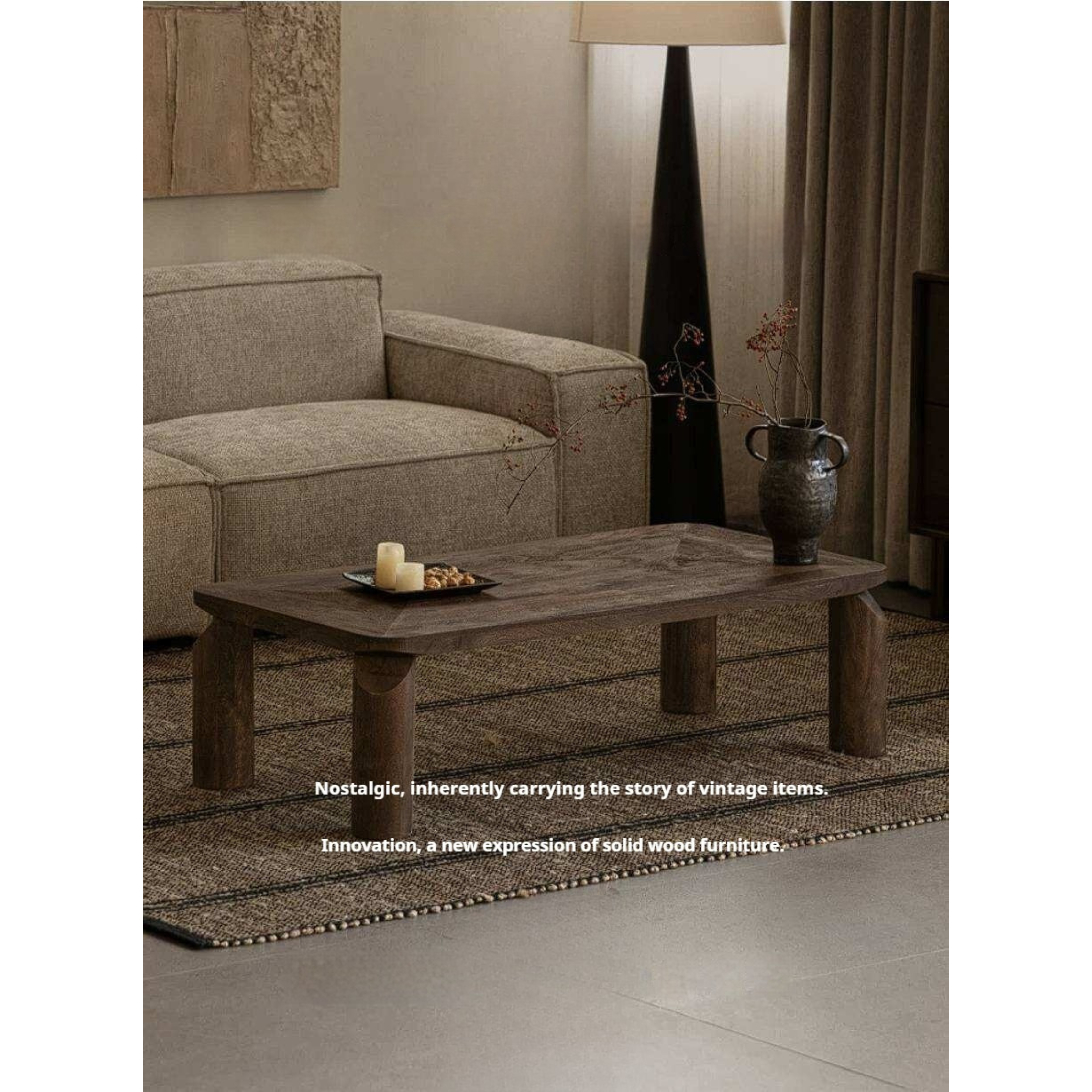 Mango Wood Solid Rustic Low Coffee Table with Chunky Cylindrical Legs