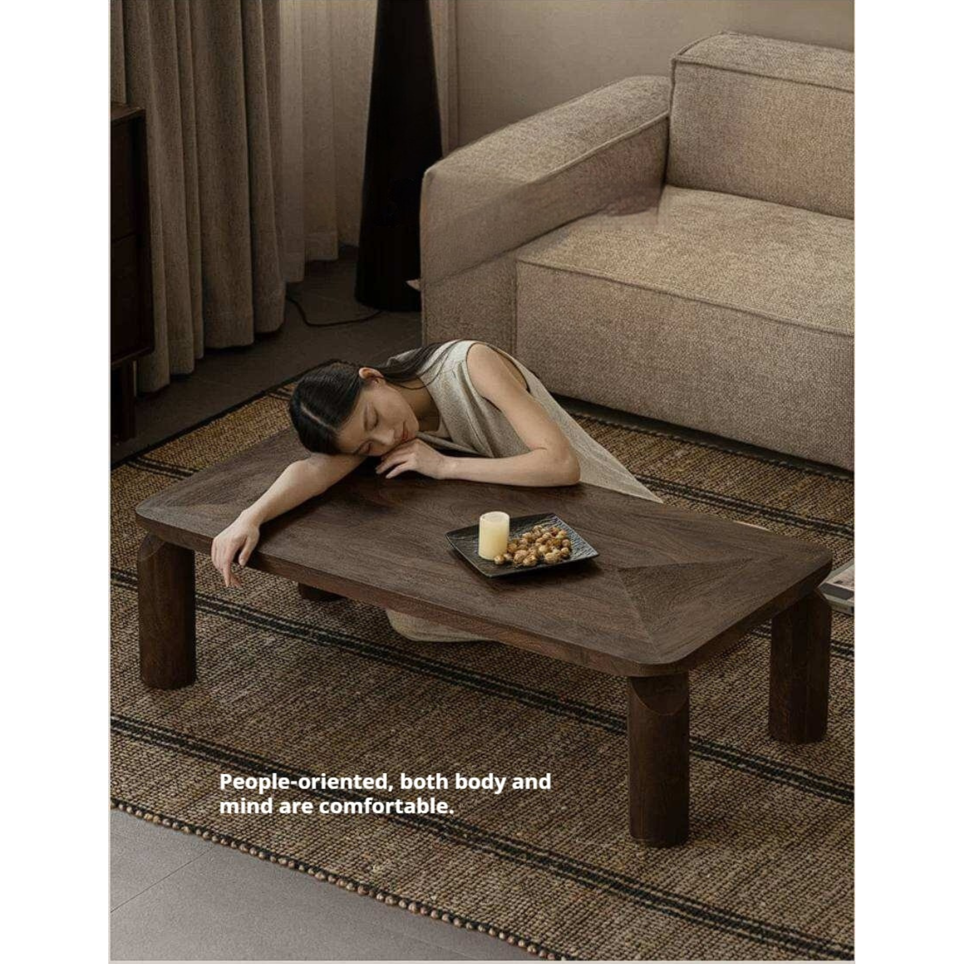 Mango Wood Solid Rustic Low Coffee Table with Chunky Cylindrical Legs