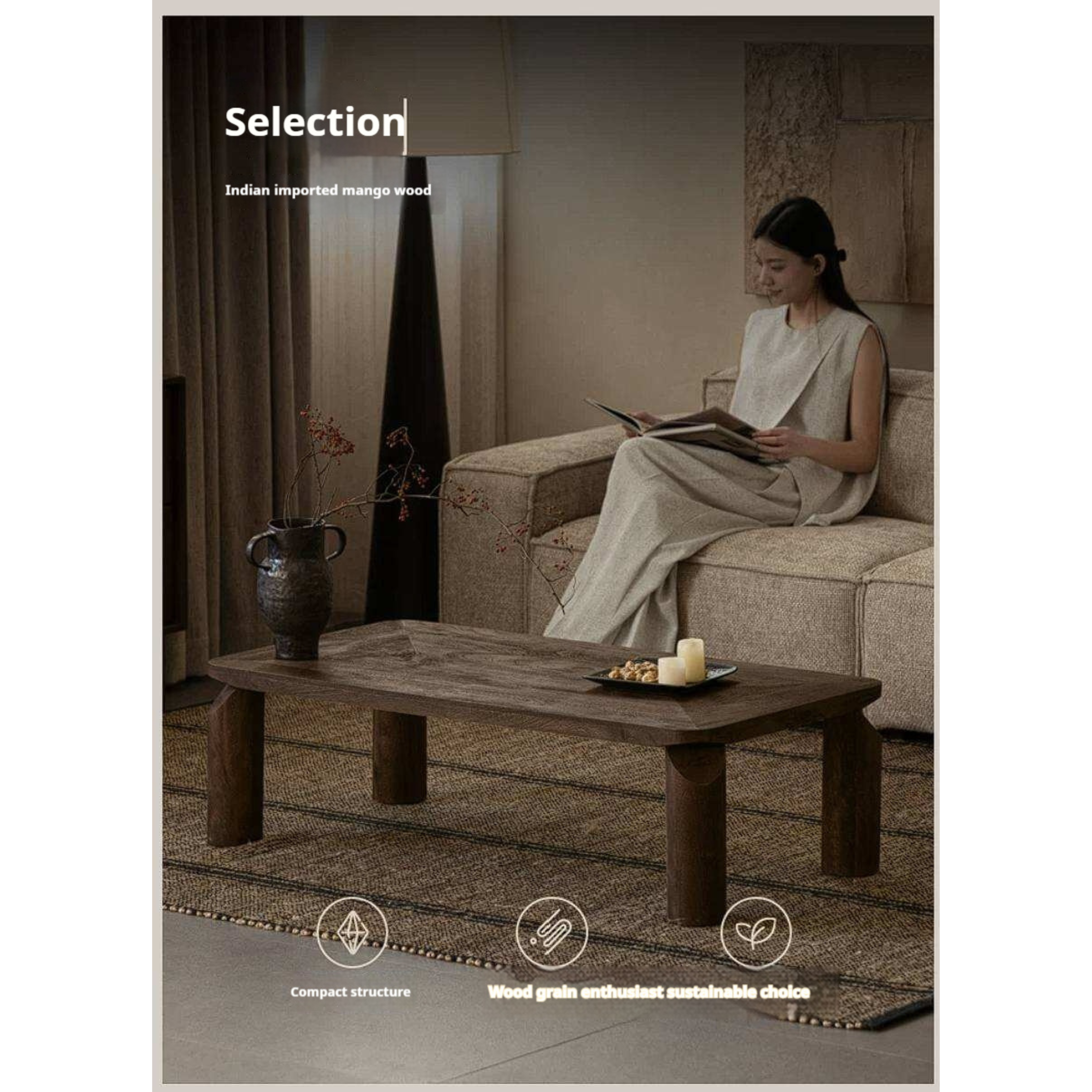 Mango Wood Solid Rustic Low Coffee Table with Chunky Cylindrical Legs
