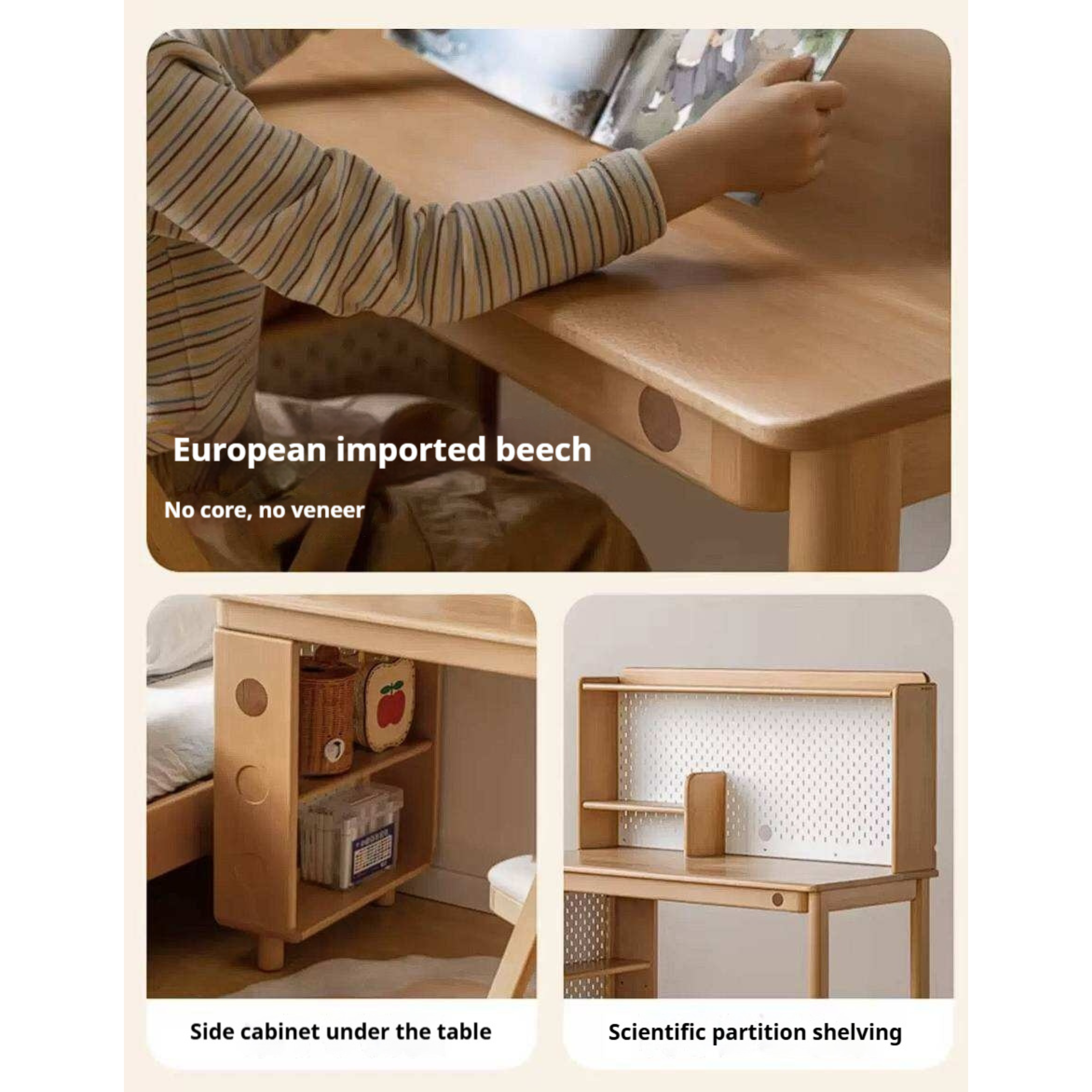 Beech Solid Wood Kids Study Table Bookshelf Integrated