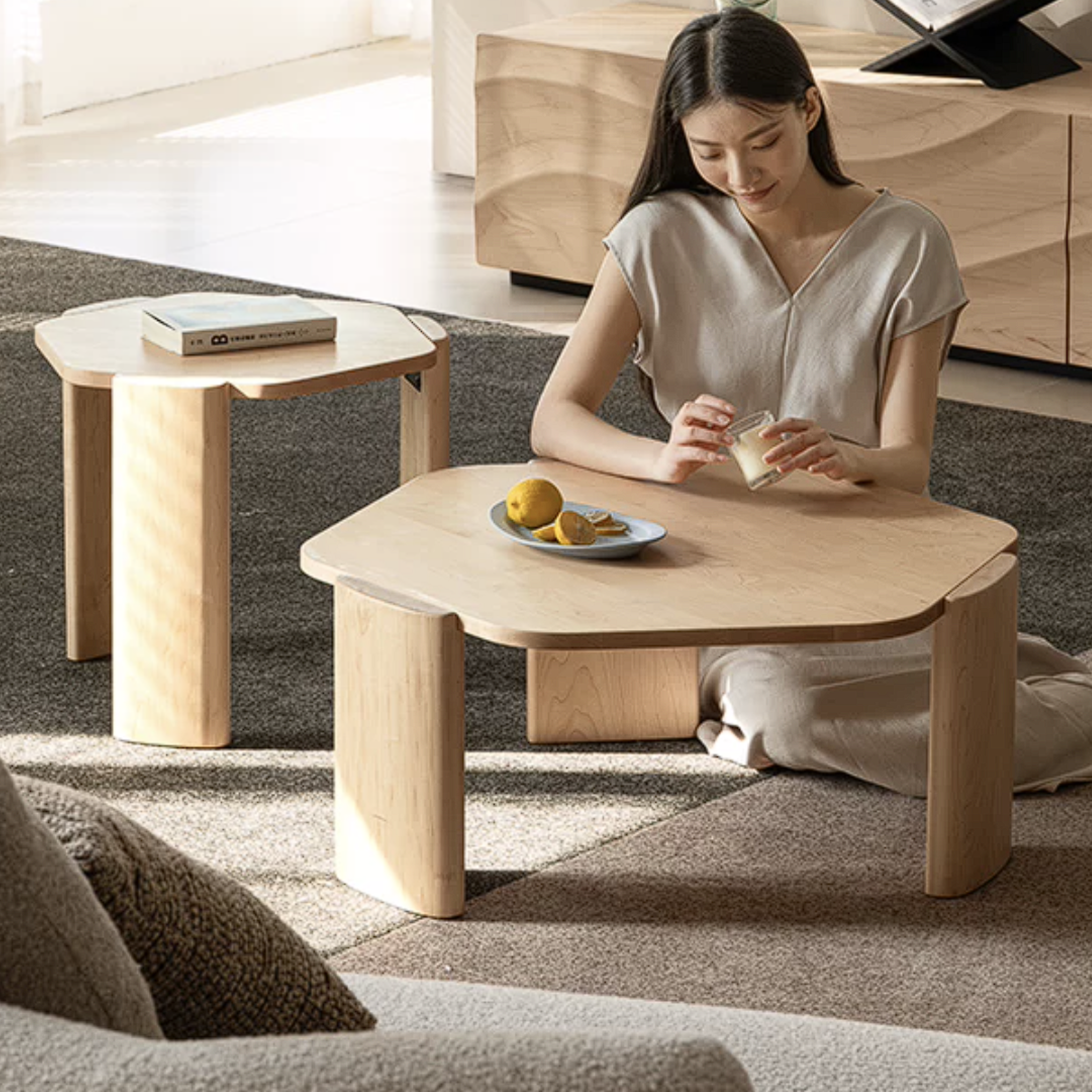 Maple Solid Wood Organic-Shape Nesting Coffee Table Set