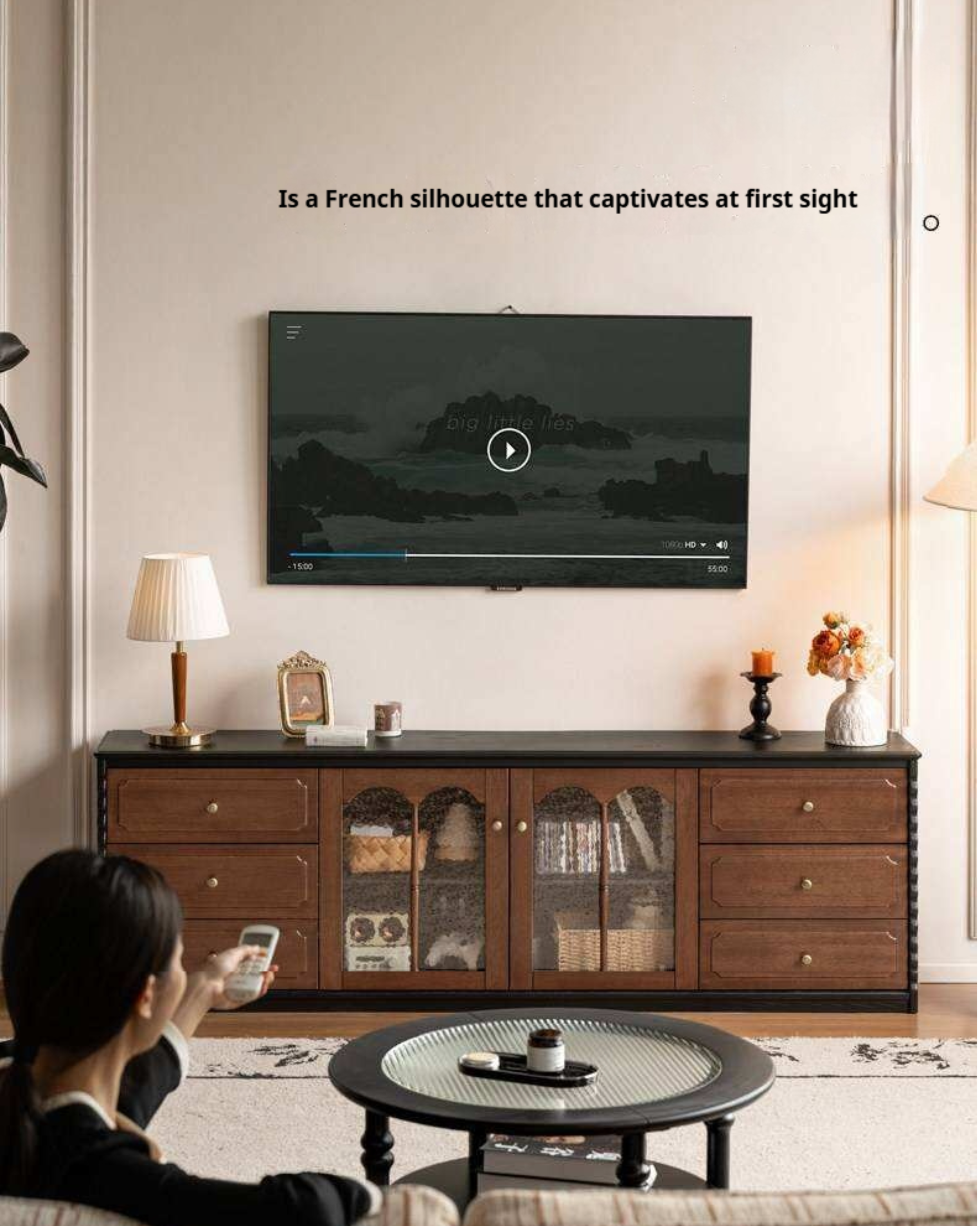 Ash Solid Wood TV Stand with Glass Doors and Drawers, French Style Media Console for Living Room