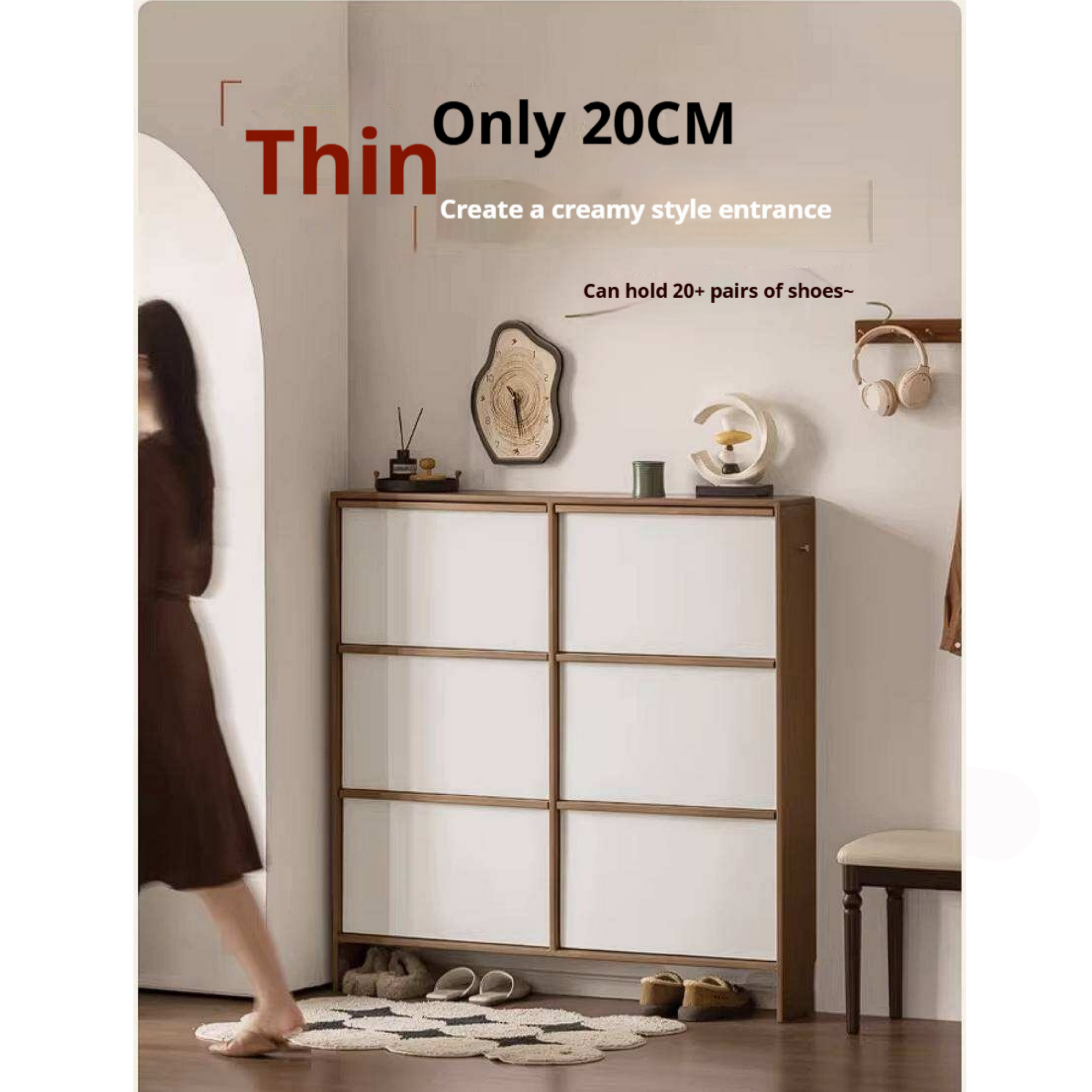 Rubberwood Solid Wood Flip Door Shoe Cabinet, Mid Century Slim Wall Mounted Entryway Storage Organizer