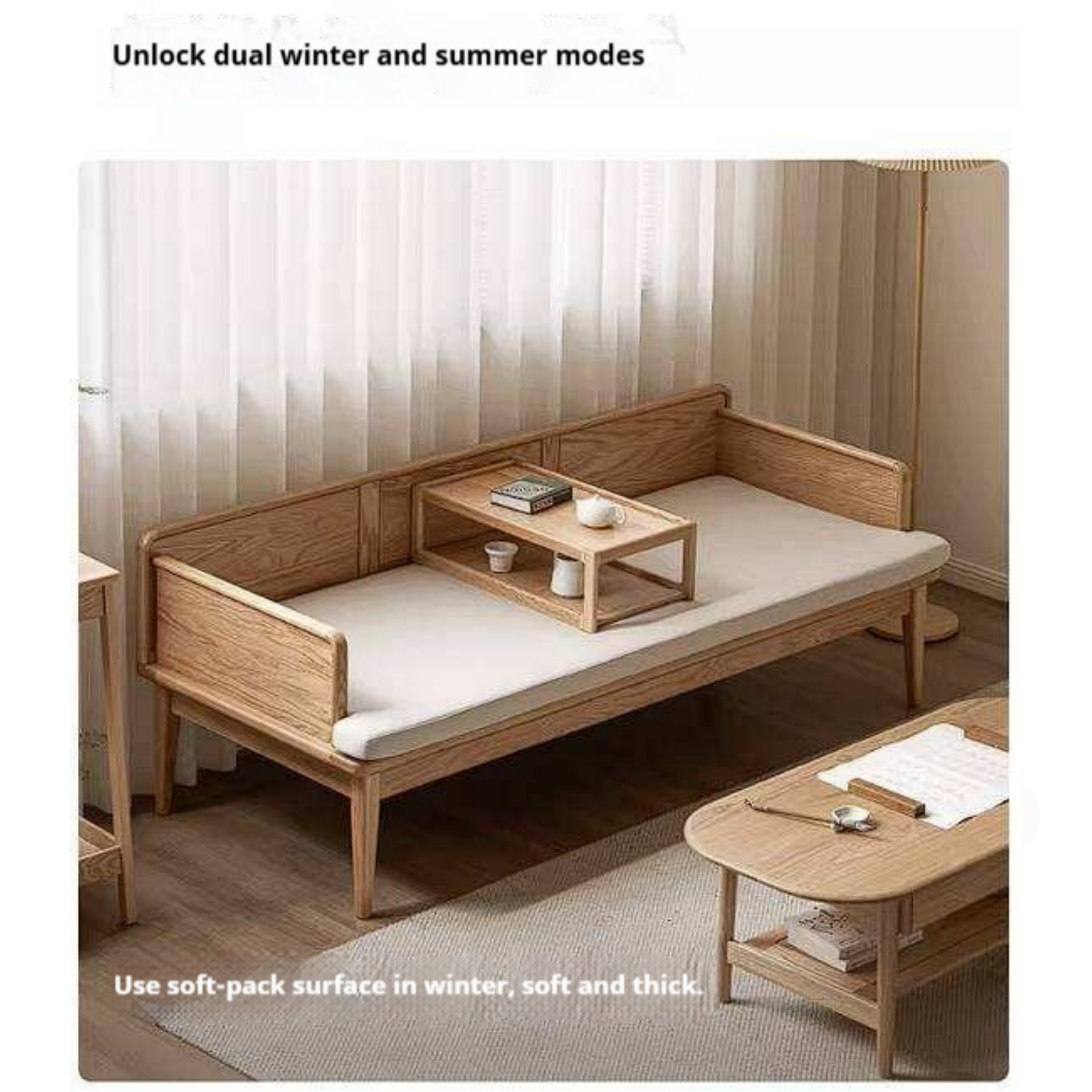 Oak Solid Wood Convertible Sofa Bed with Clean Frame Design