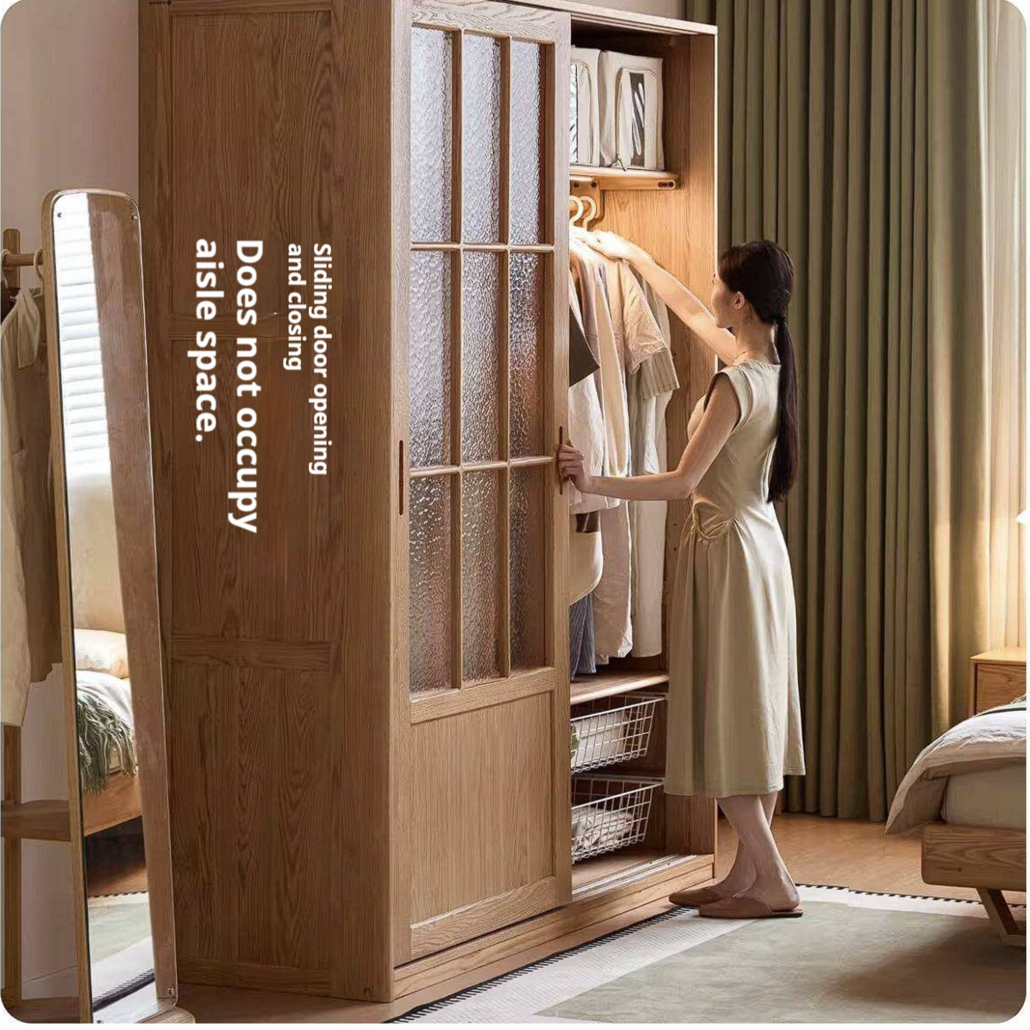 Oak Solid Wood Wardrobe Cabinet with Minimalist Songshi Storage