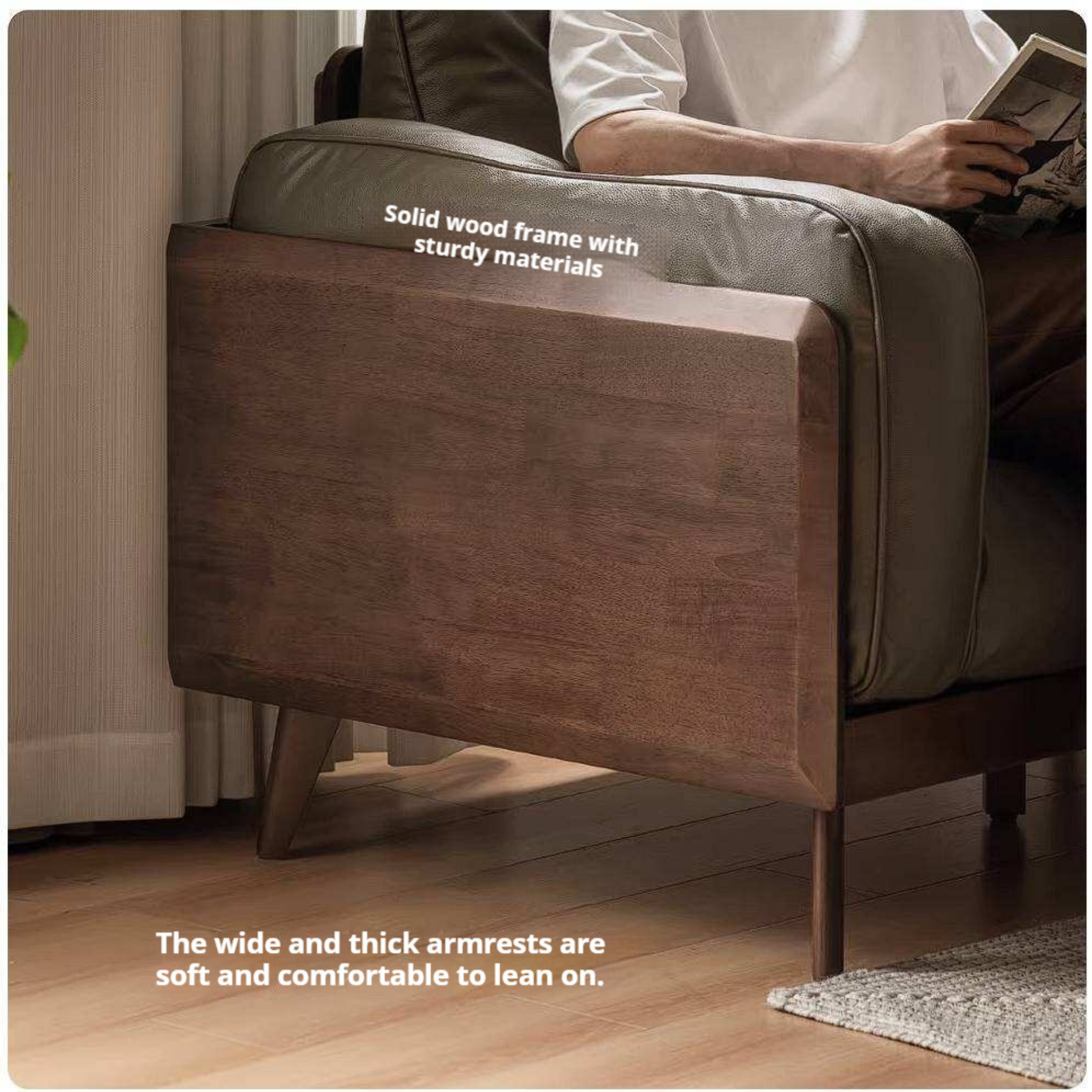 Rubberwood Solid Wood Genuine leather Sofa with Deep Seats and Slim Walnut Frame
