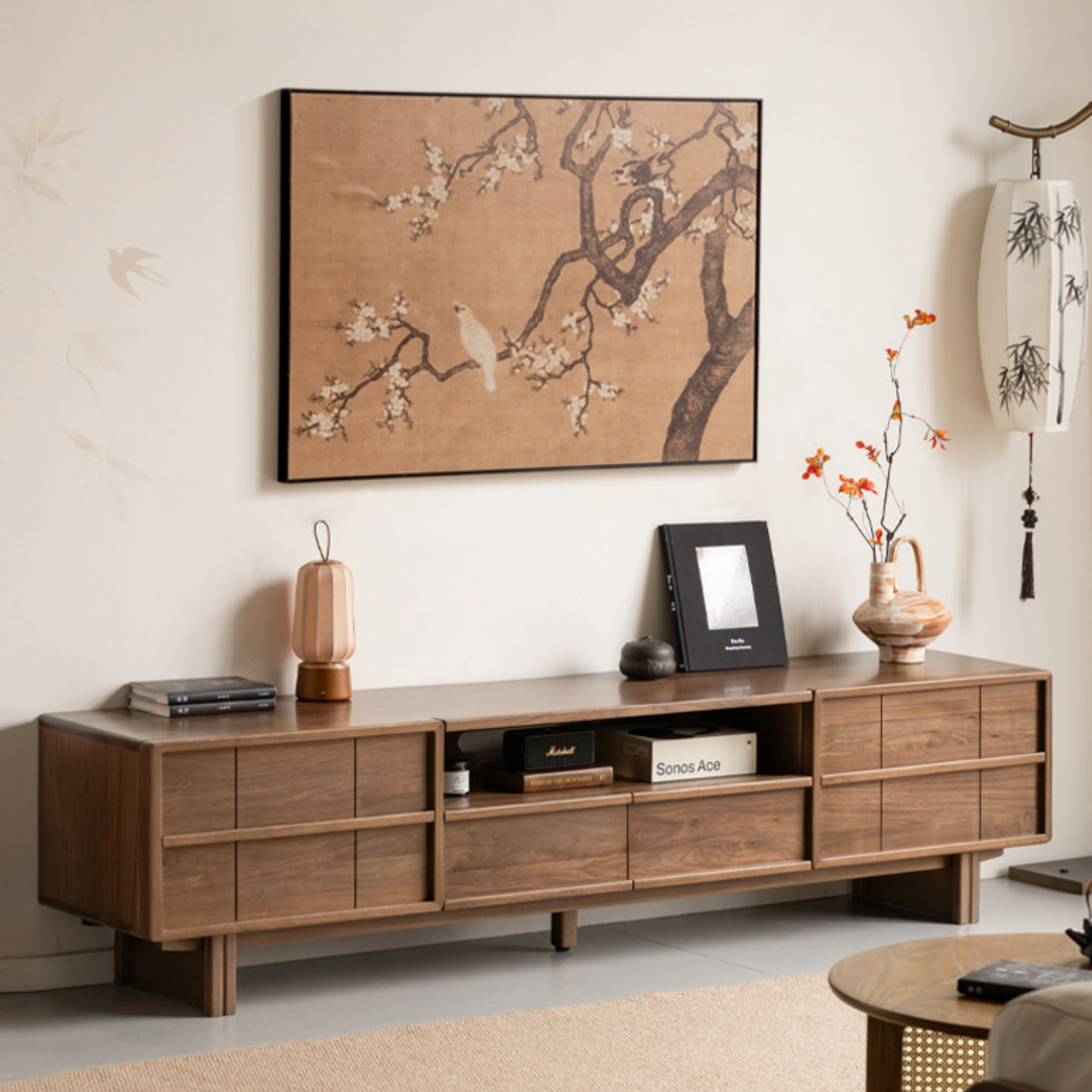 Black Walnut Solid Wood TV Cabinet with Aesthetic Style and Storage Drawers