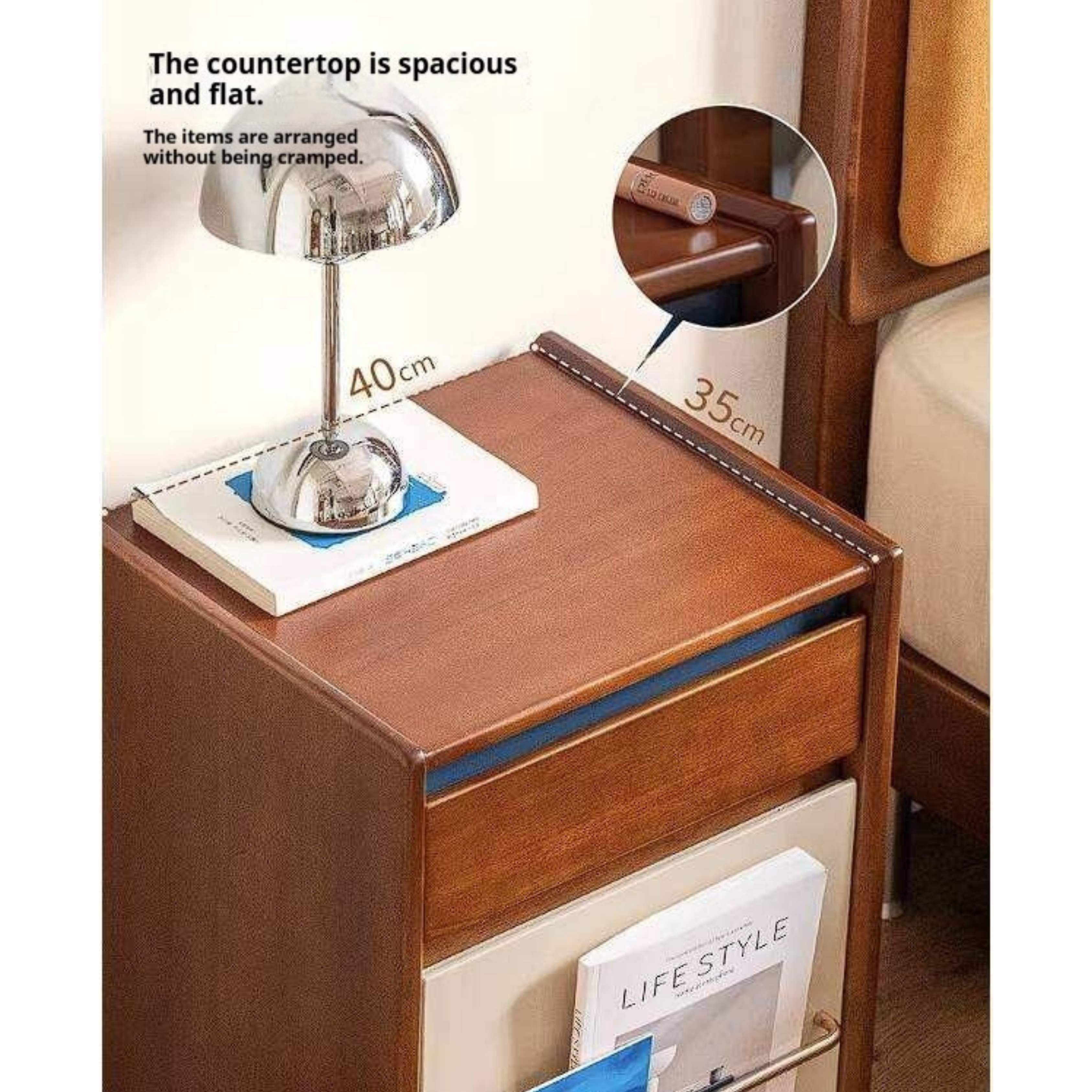 Poplar Solid Wood Two-Tone Rolling Nightstand with Magazine Rail