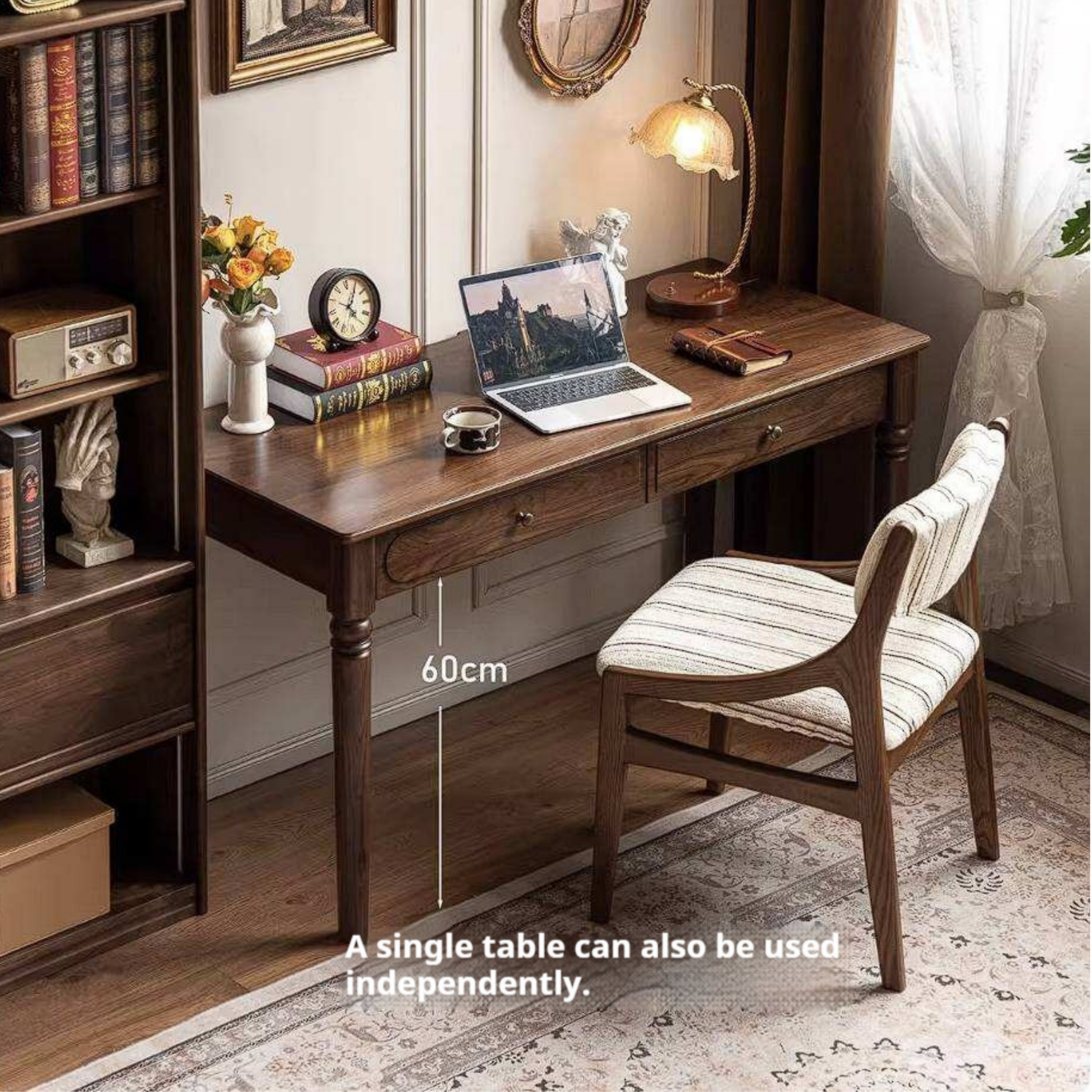 Black Walnut Solid Wood French Vintage Writing Desk with Arched Cane Door Hutch and Turned Spindle Legs