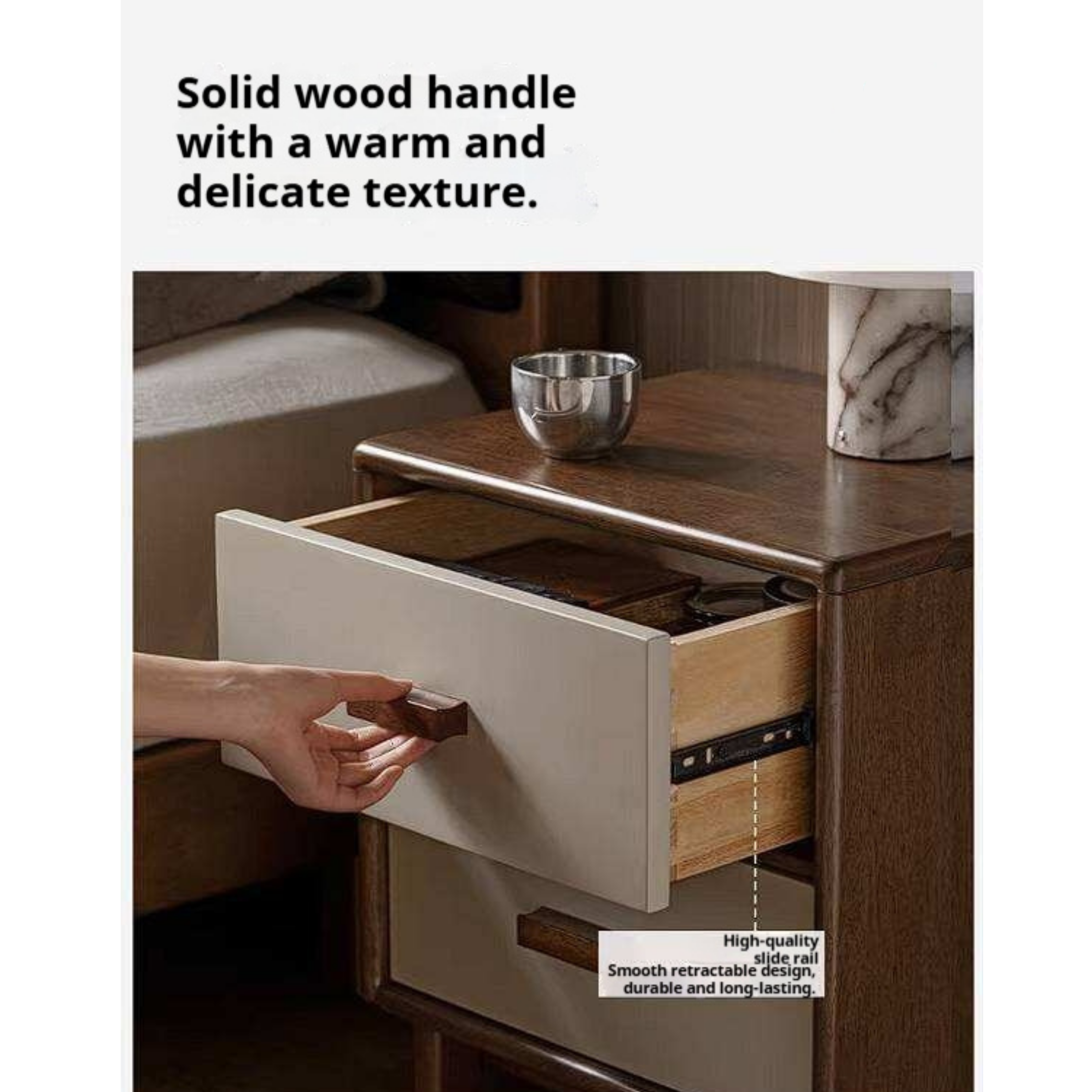 Rubberwood Solid Wood Two-Tone Nightstand with Cream Drawer Fronts and Tapered Legs