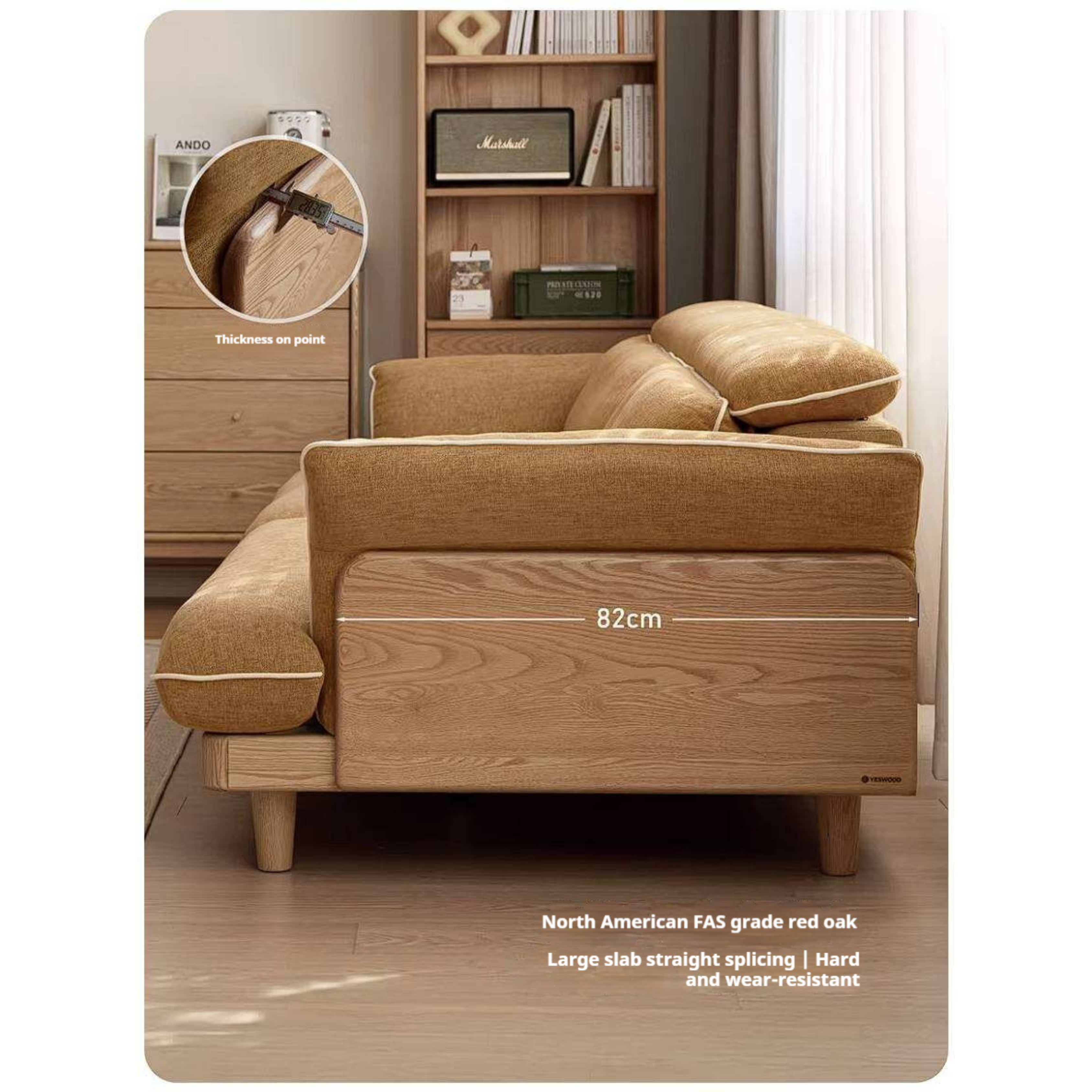 Oak Solid Wood High Back Chenille Sofa with Curved Arms