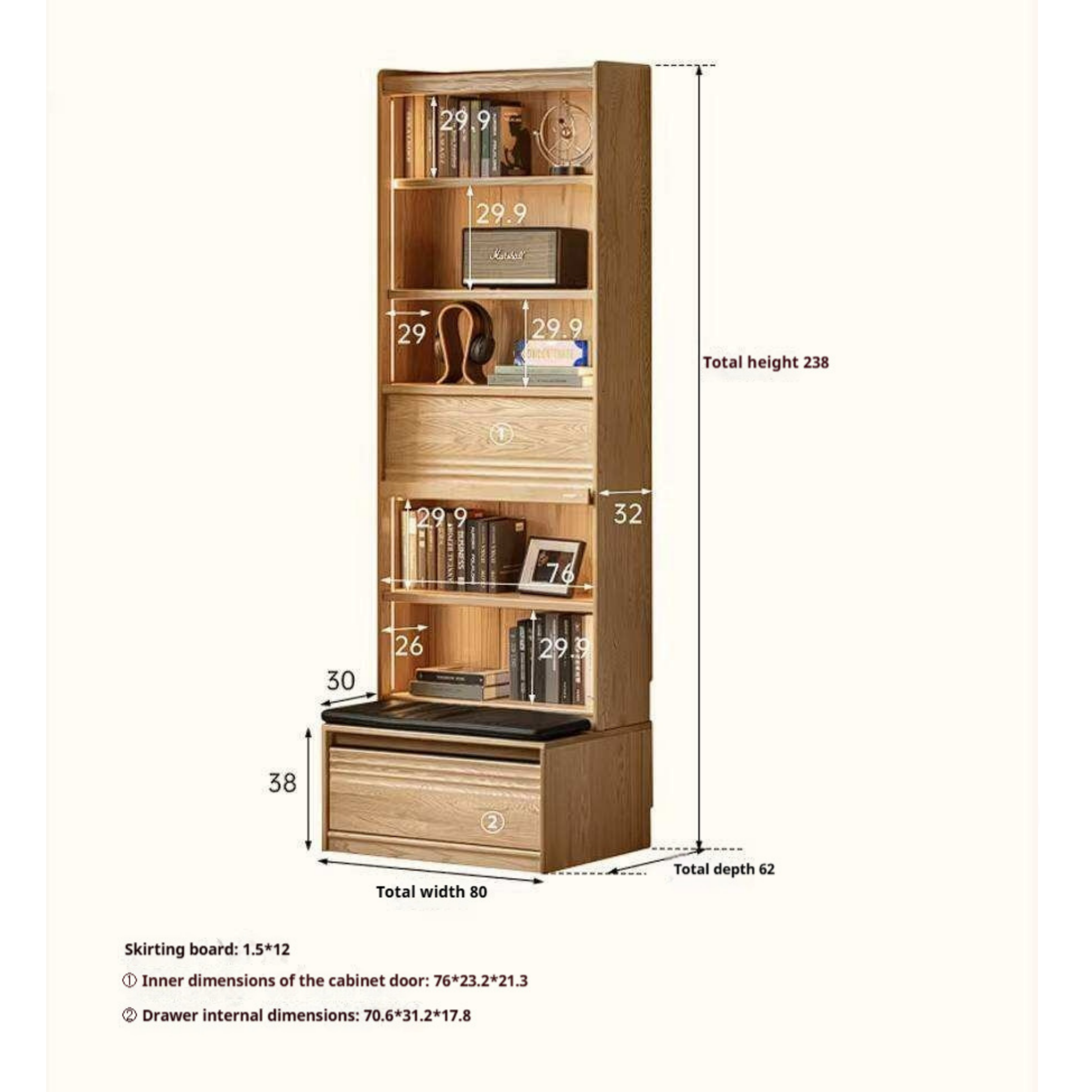 Oak Solid Wood Bookshelf with Integrated Booth Seating
