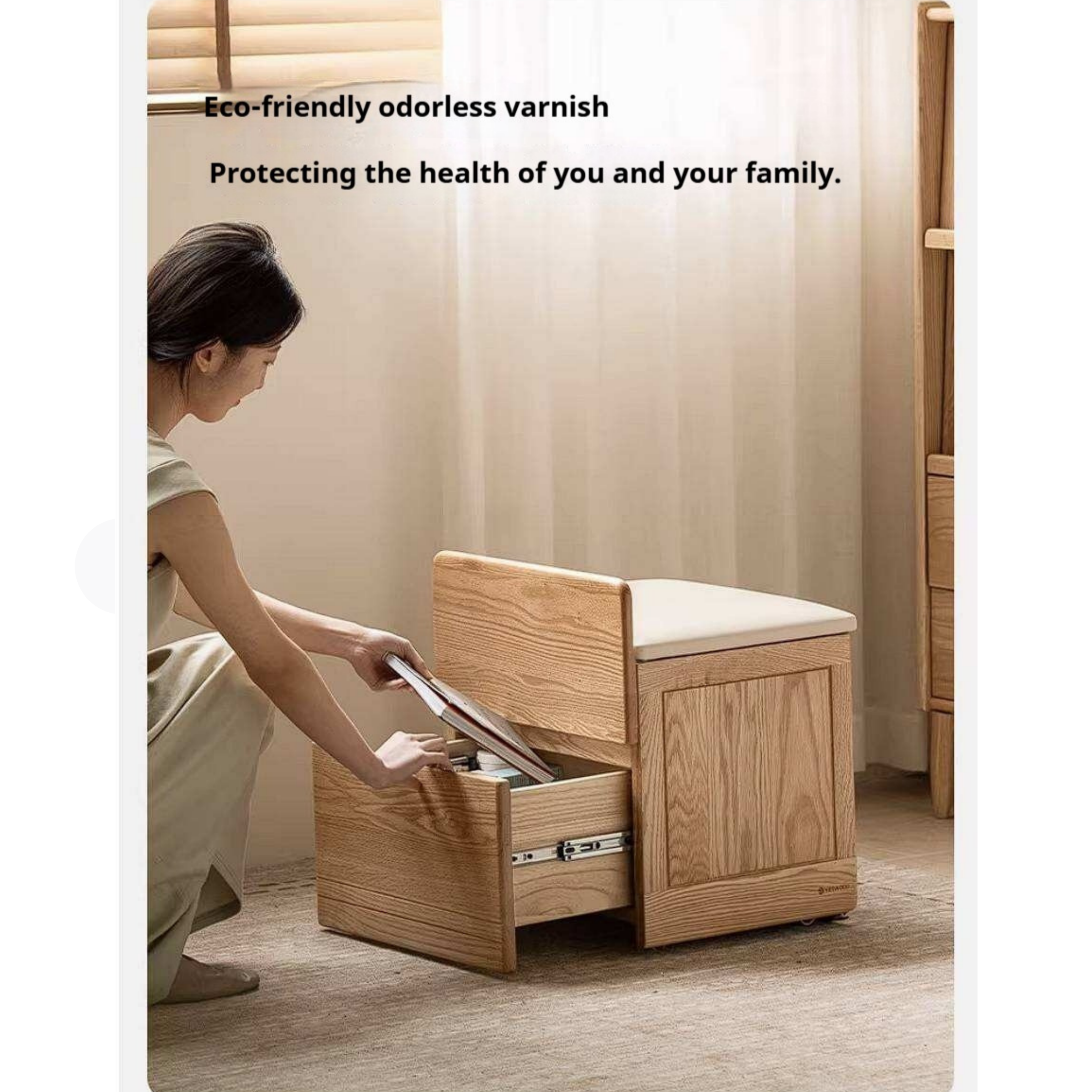 Oak, Ash, Black Walnut, Cherry Solid Wood Storage Vanity Stool with Upholstered Flip-Top Seat and Drawer