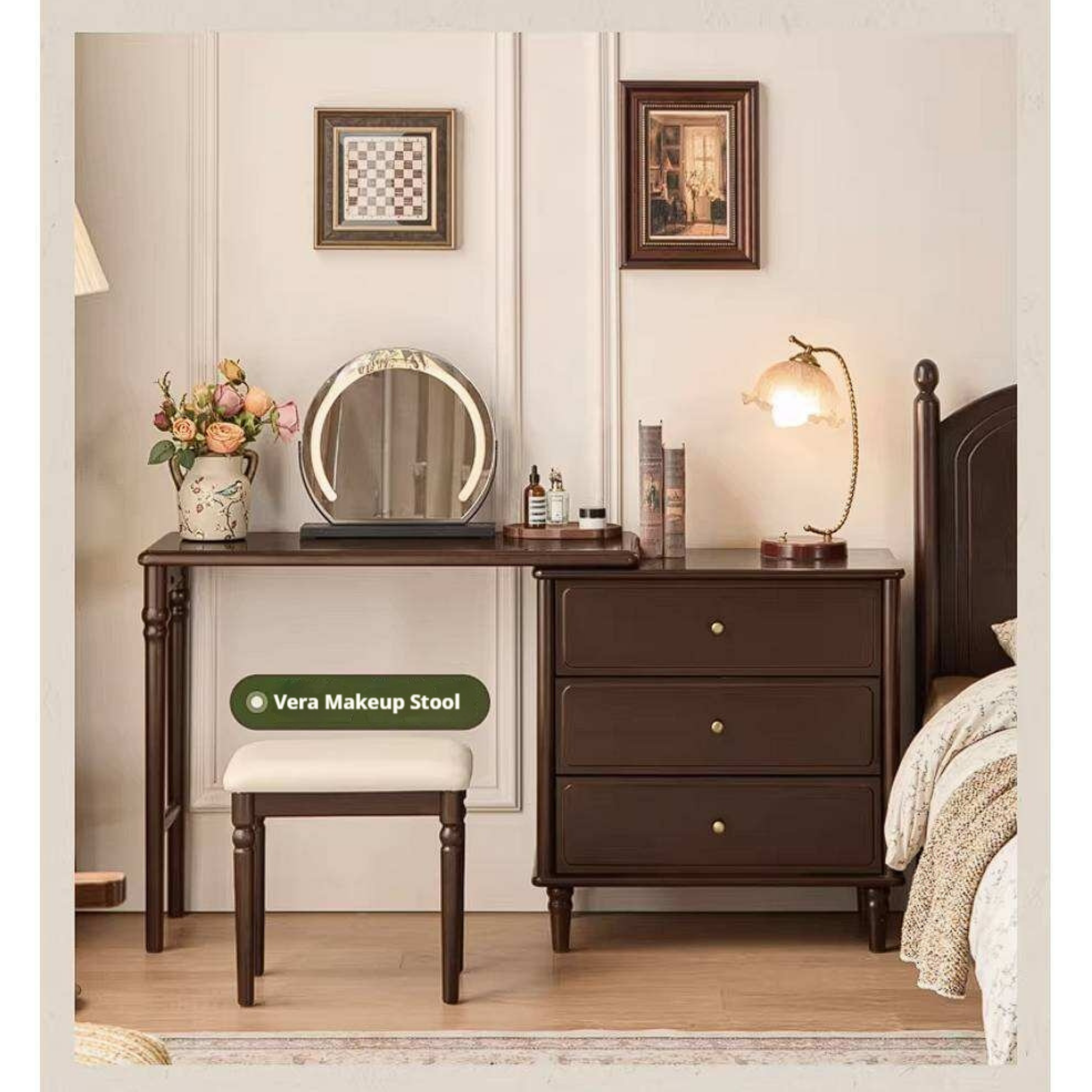 Poplar Solid Wood Vintage Extendable Vanity Desk with Round Mirror and Turned Legs