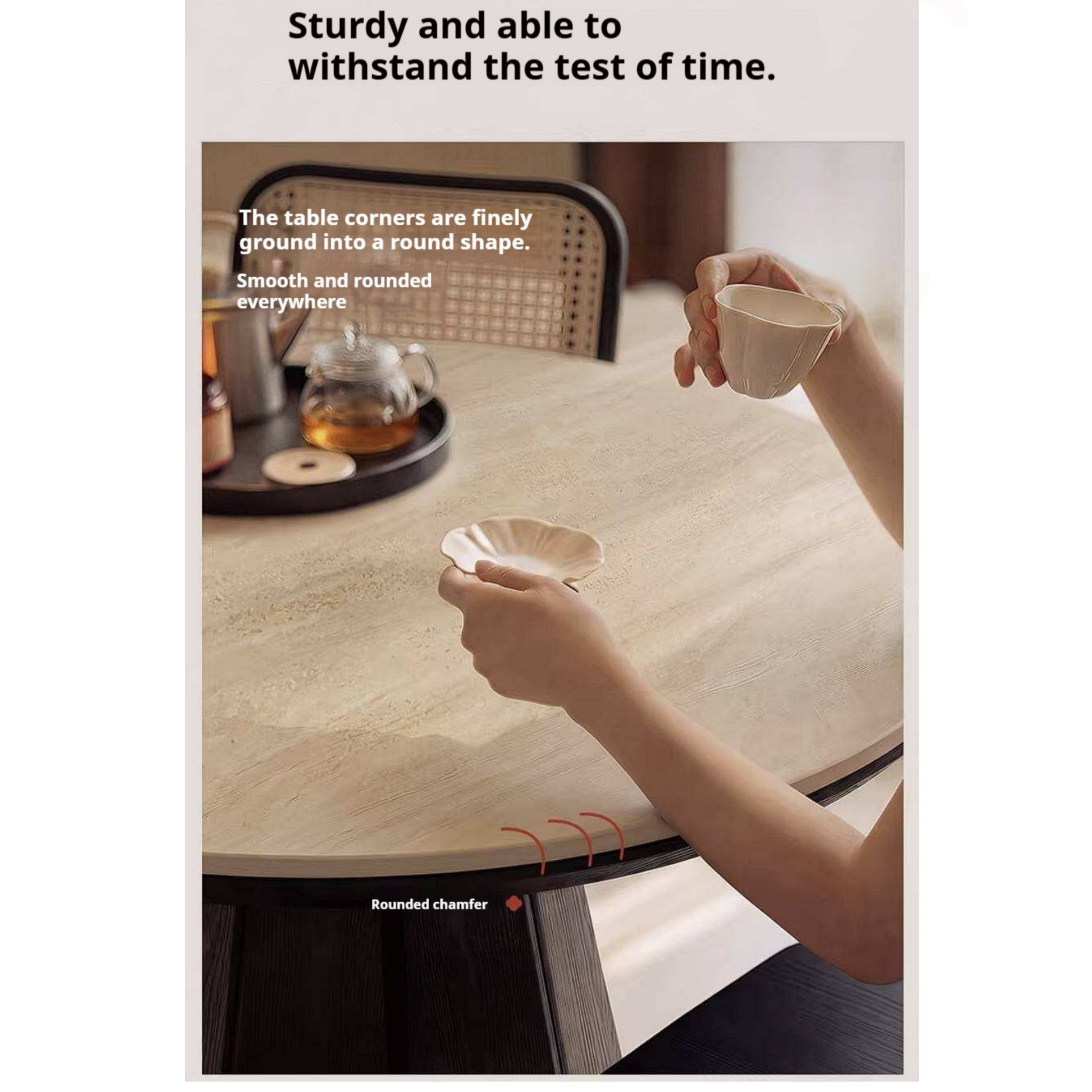 Ash Solid Wood Dining Table with Slate Top, Mid Century Round Design