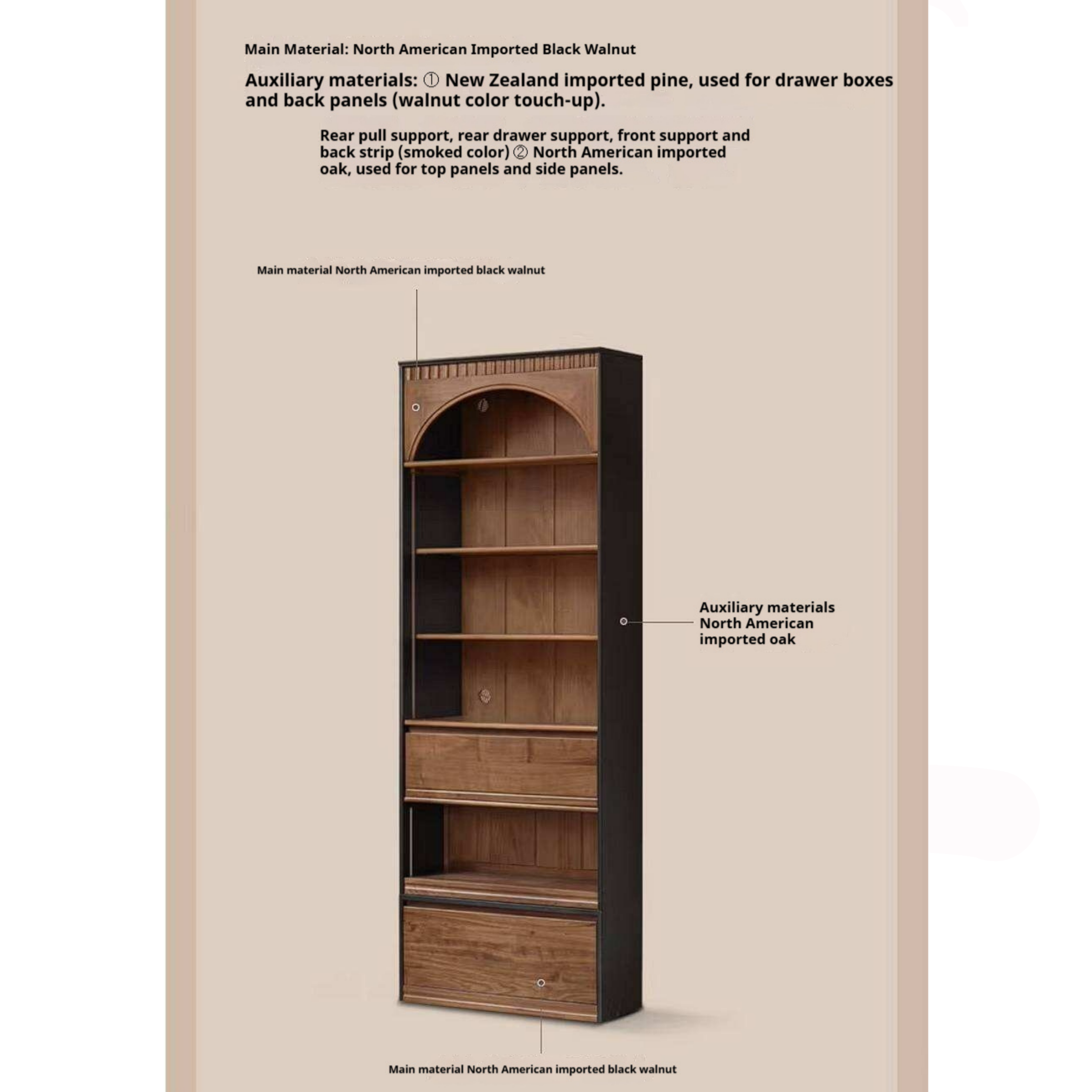 Black Walnut Solid Wood Bookcase with French Retro Display Cabinet