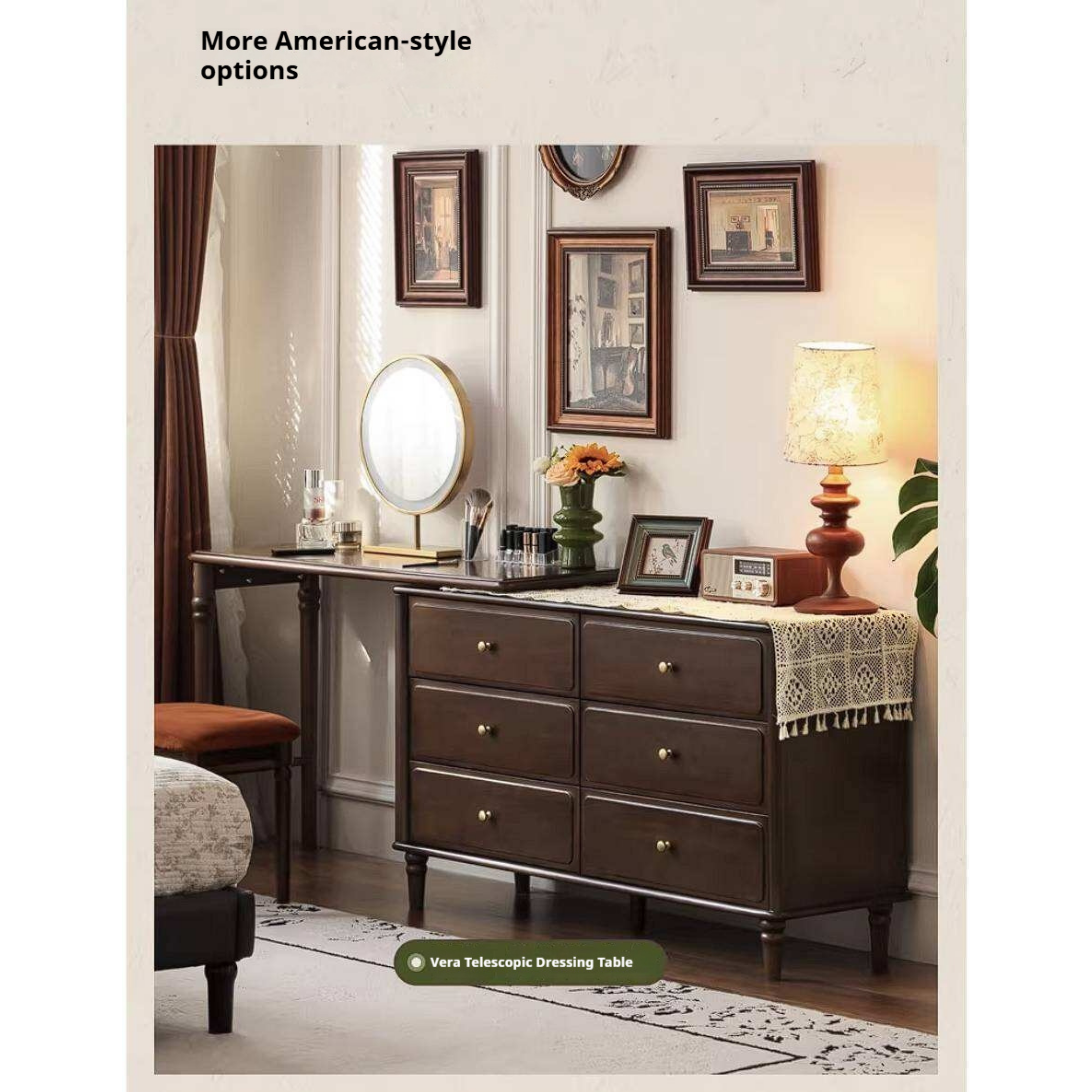 Poplar Solid Wood Vintage Extendable Vanity Desk with Round Mirror and Turned Legs