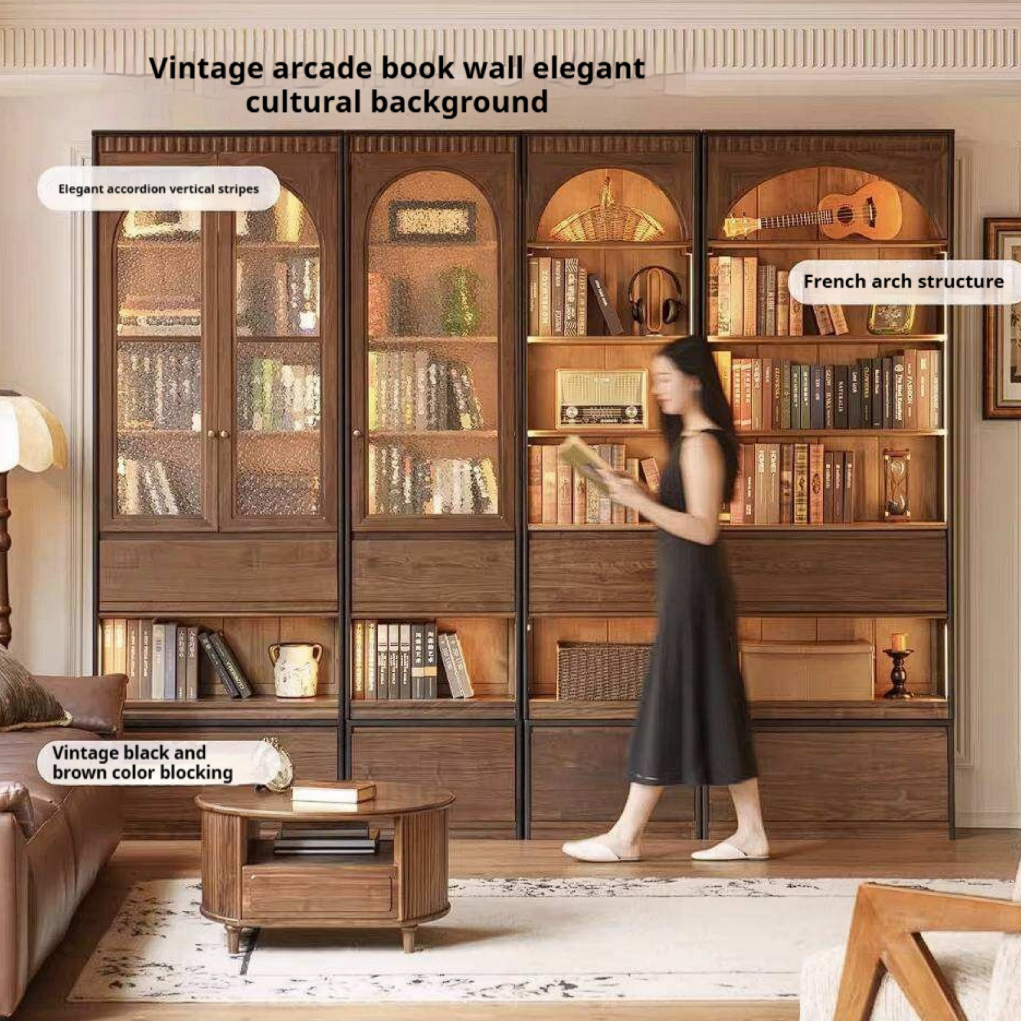 Black Walnut Solid Wood Bookcase with French Retro Display Cabinet