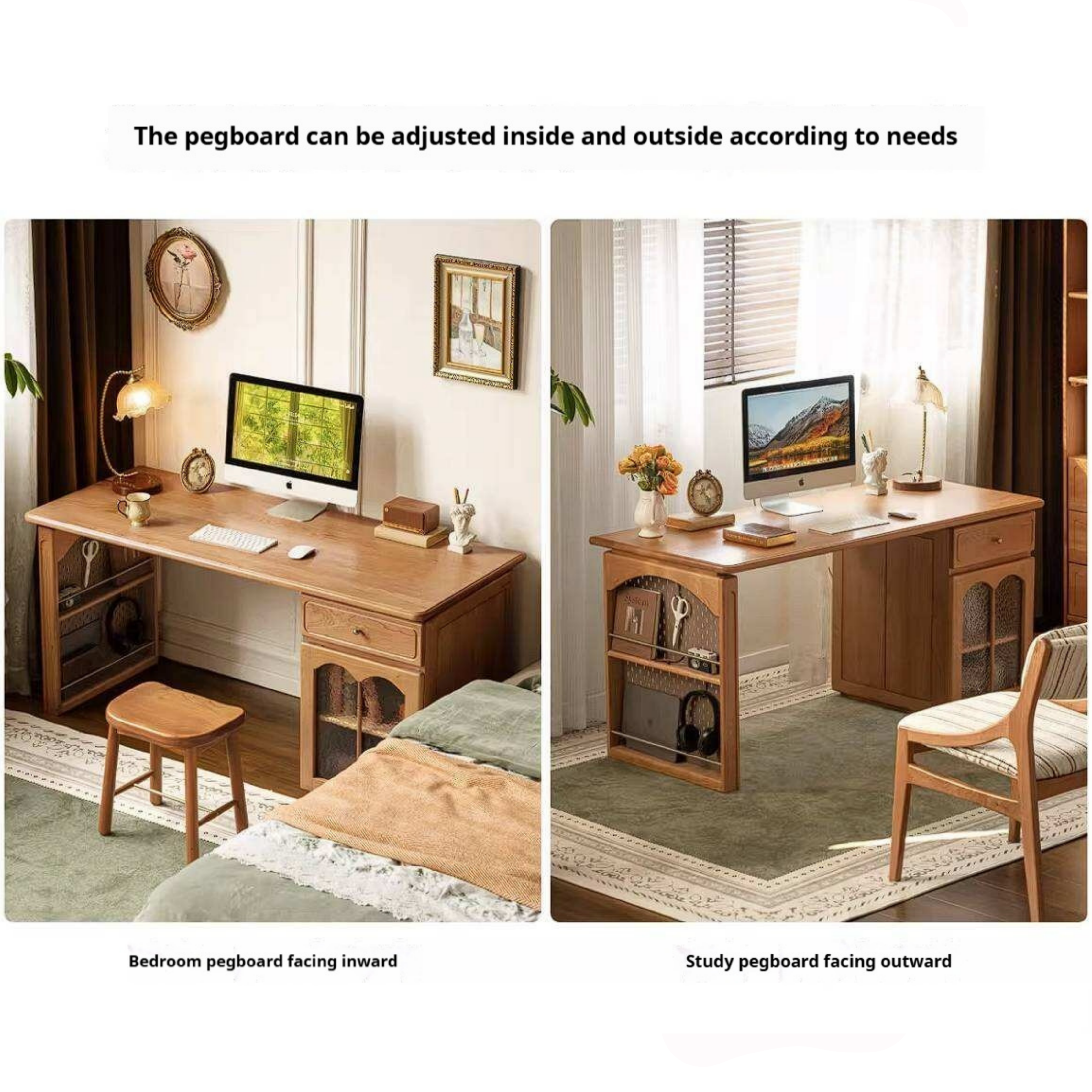 Cherry Solid Wood French Country Writing Desk with Bookshelf Hutch and Cane Door Cabinet