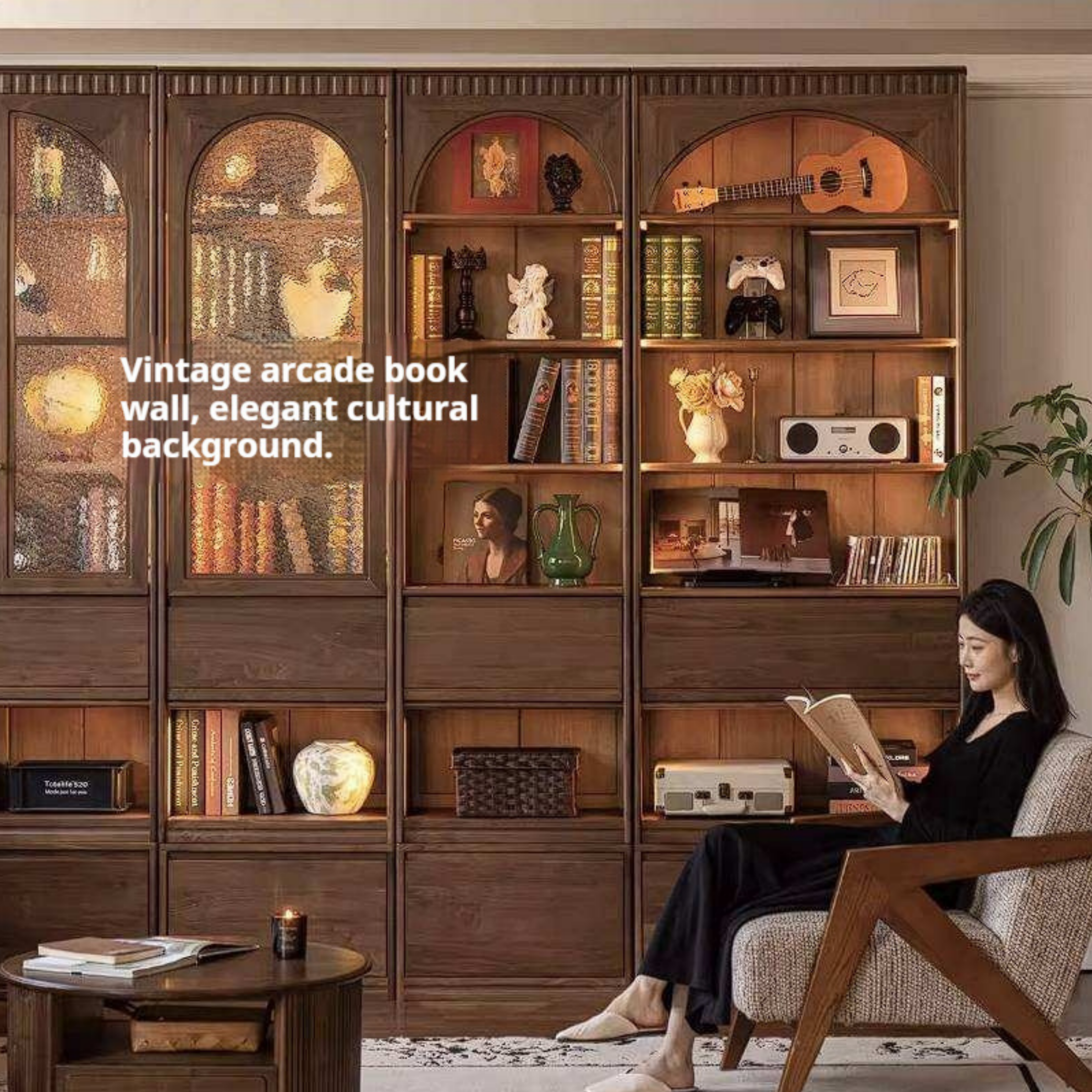 Black Walnut Solid Wood Arched Vintage Bookcase with Glass Door and Storage Drawer