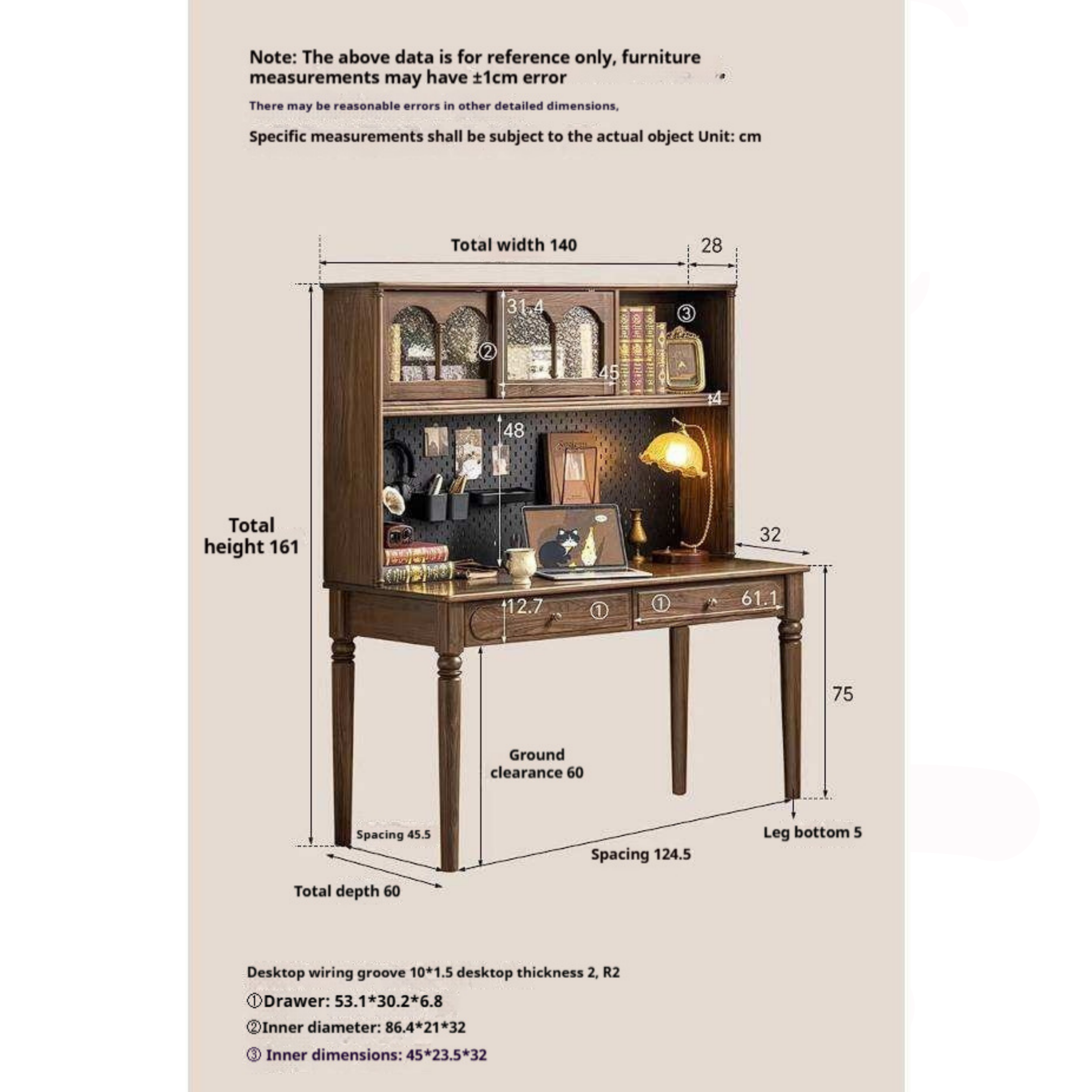 Black Walnut Solid Wood French Vintage Writing Desk with Arched Cane Door Hutch and Turned Spindle Legs