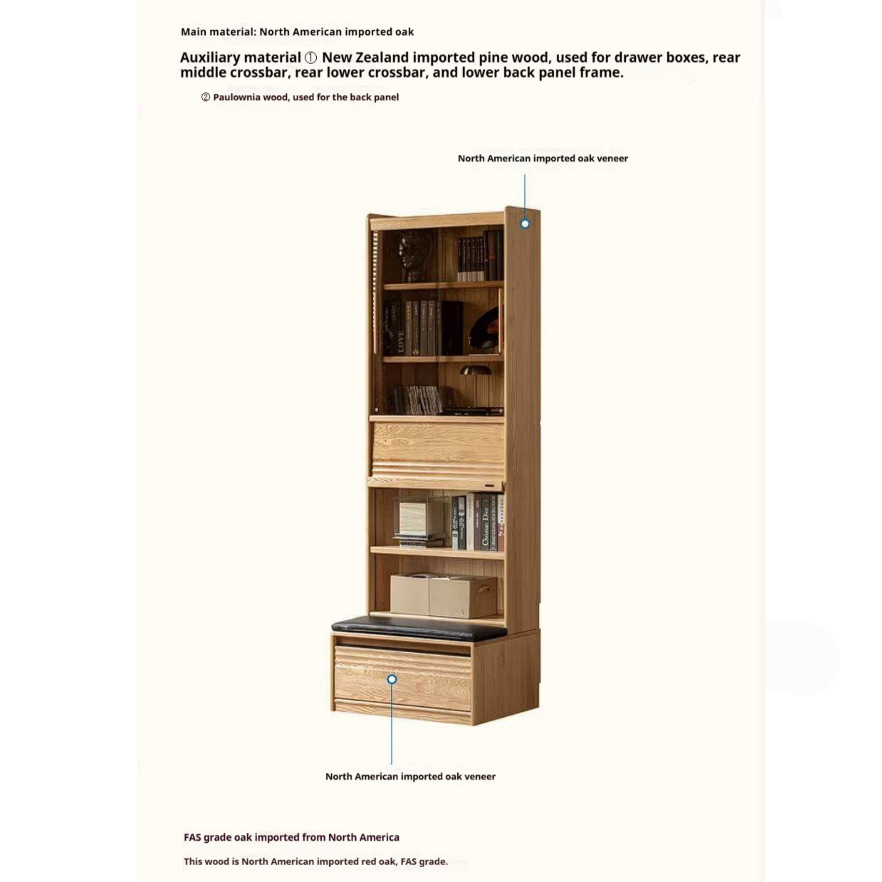 Oak Solid Wood Bookshelf with Integrated Booth Seating