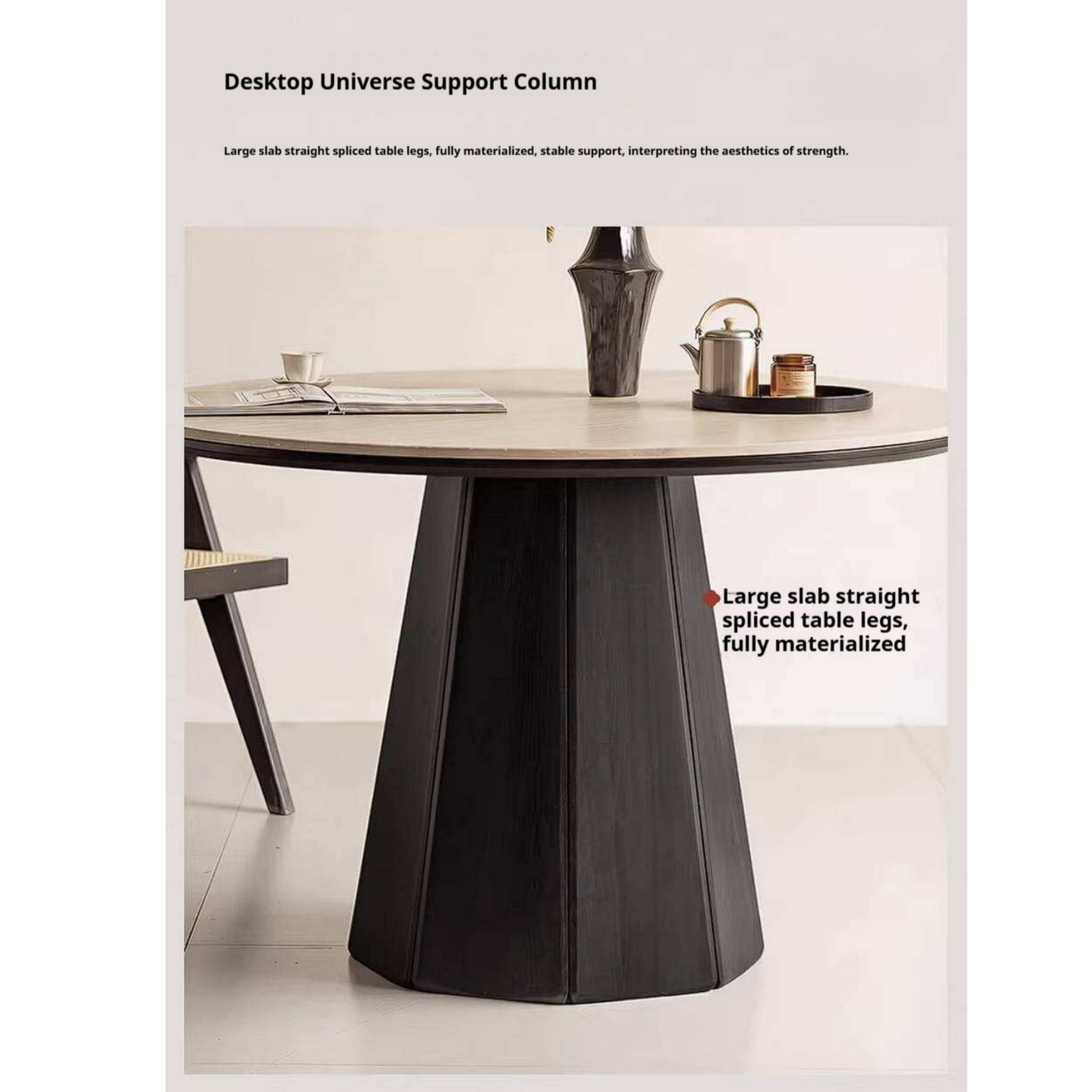 Ash Solid Wood Dining Table with Slate Top, Mid Century Round Design