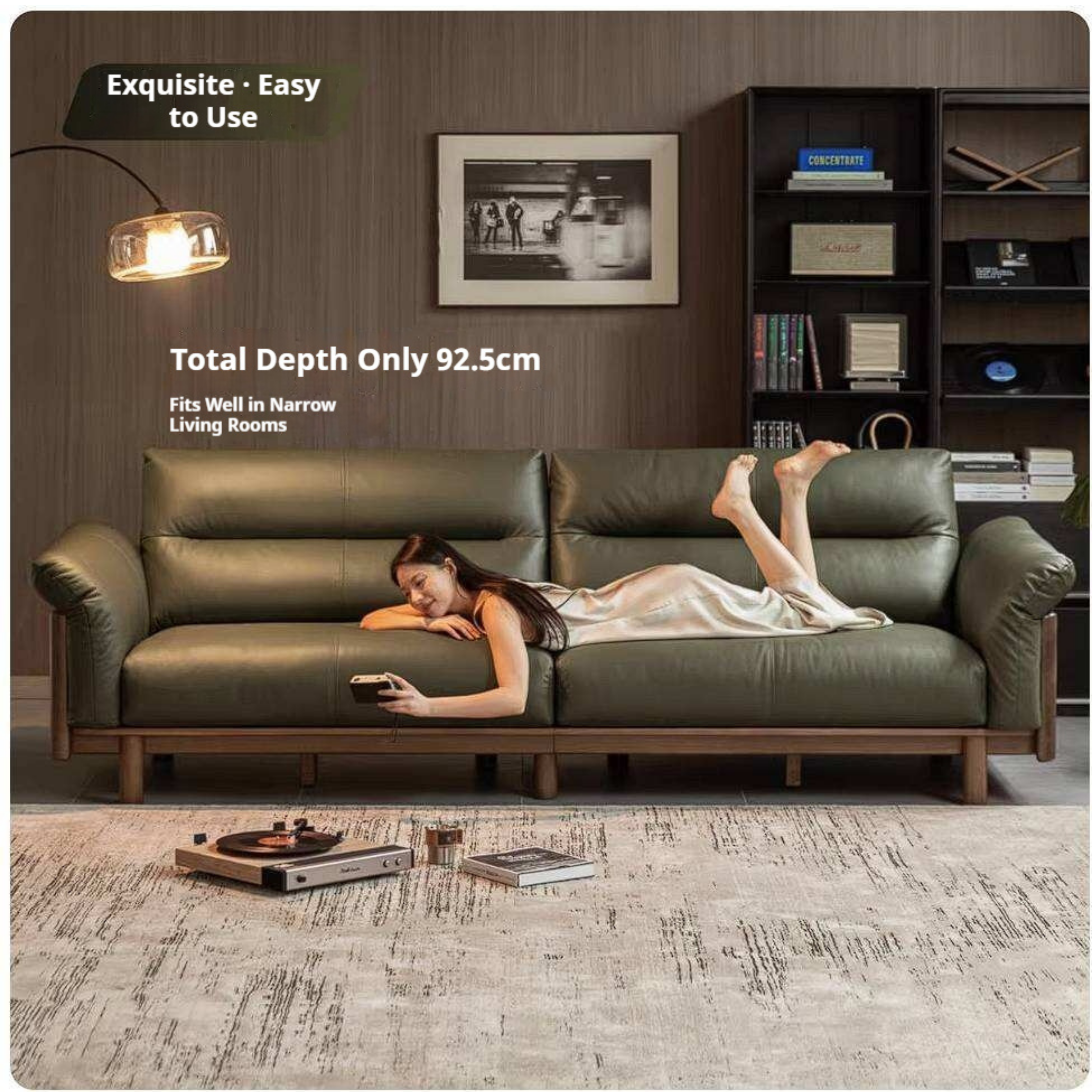 Black Walnut Solid Wood Genuine Leather Sofa with High Back