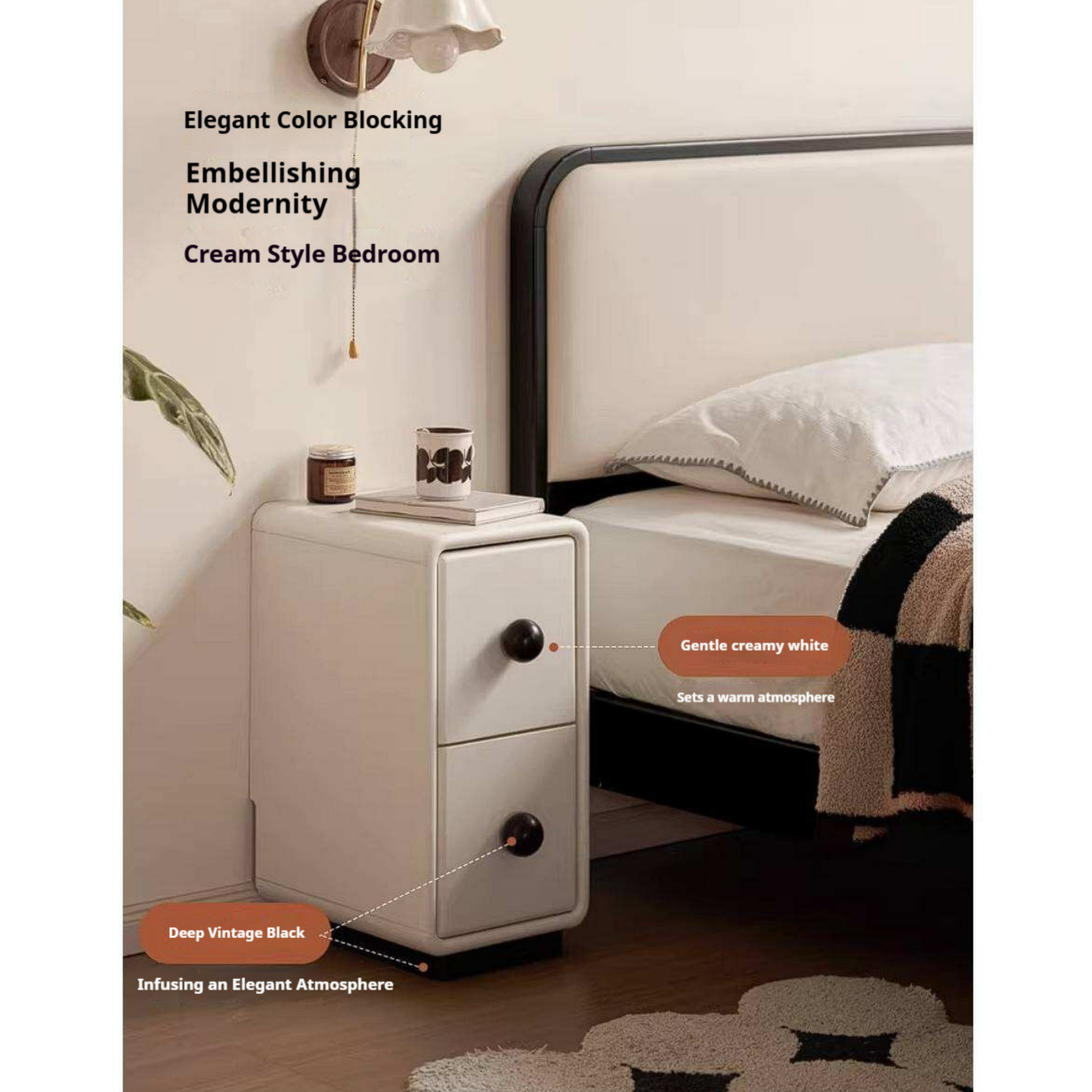 Rubberwood Solid Wood Slim Cream White Nightstand with Rounded Corners and Two Drawers
