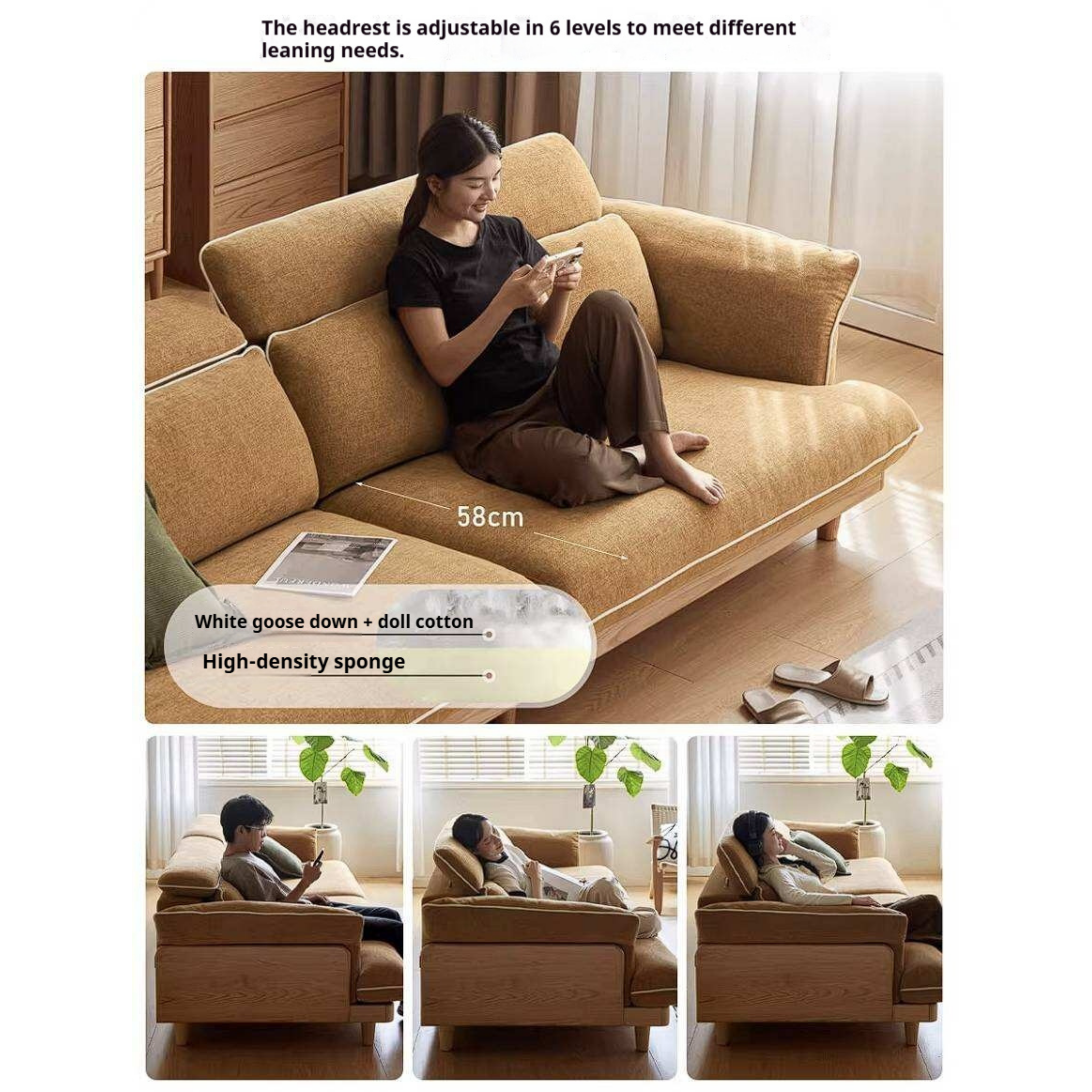 Oak Solid Wood High Back Chenille Sofa with Curved Arms
