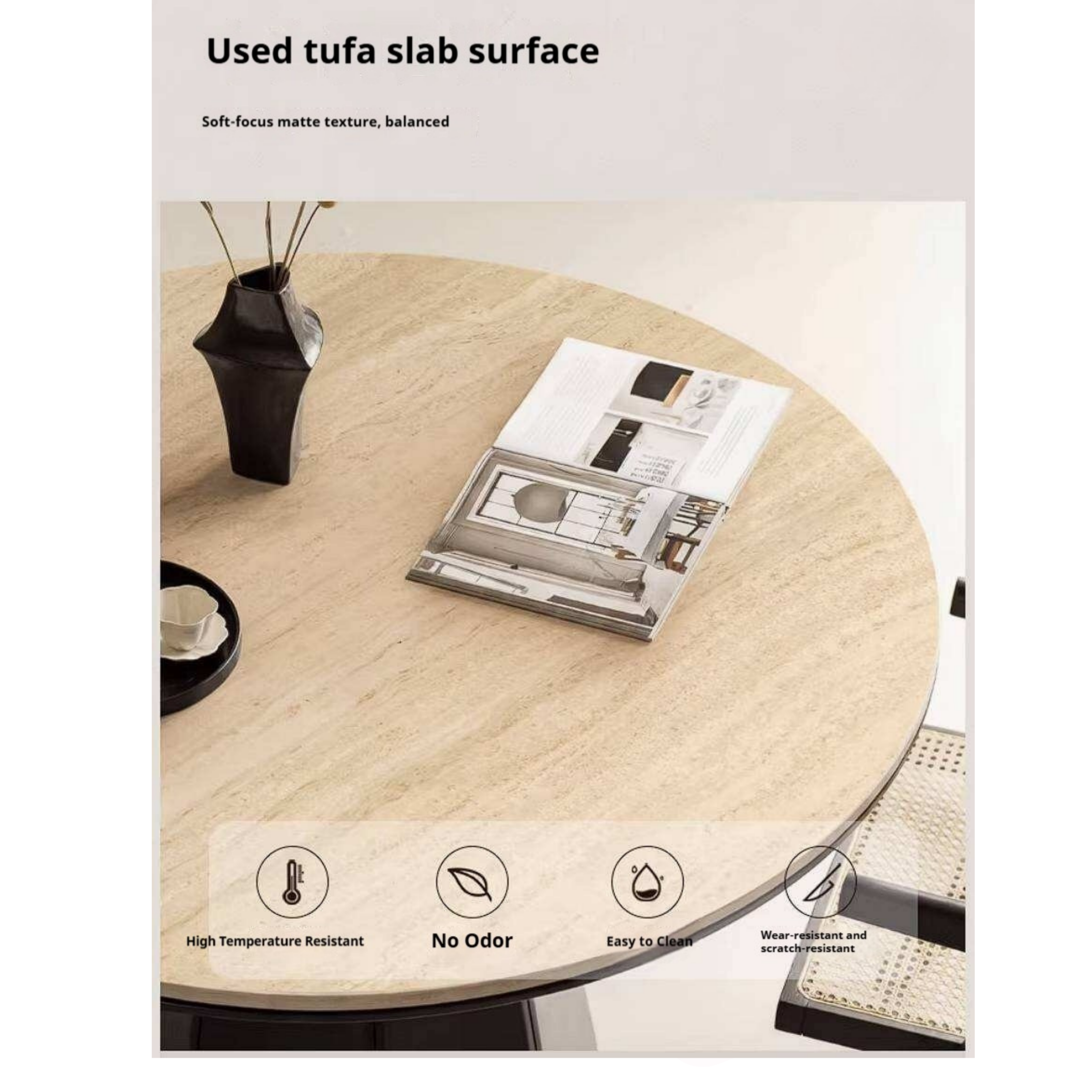 Ash Solid Wood Dining Table with Slate Top, Mid Century Round Design