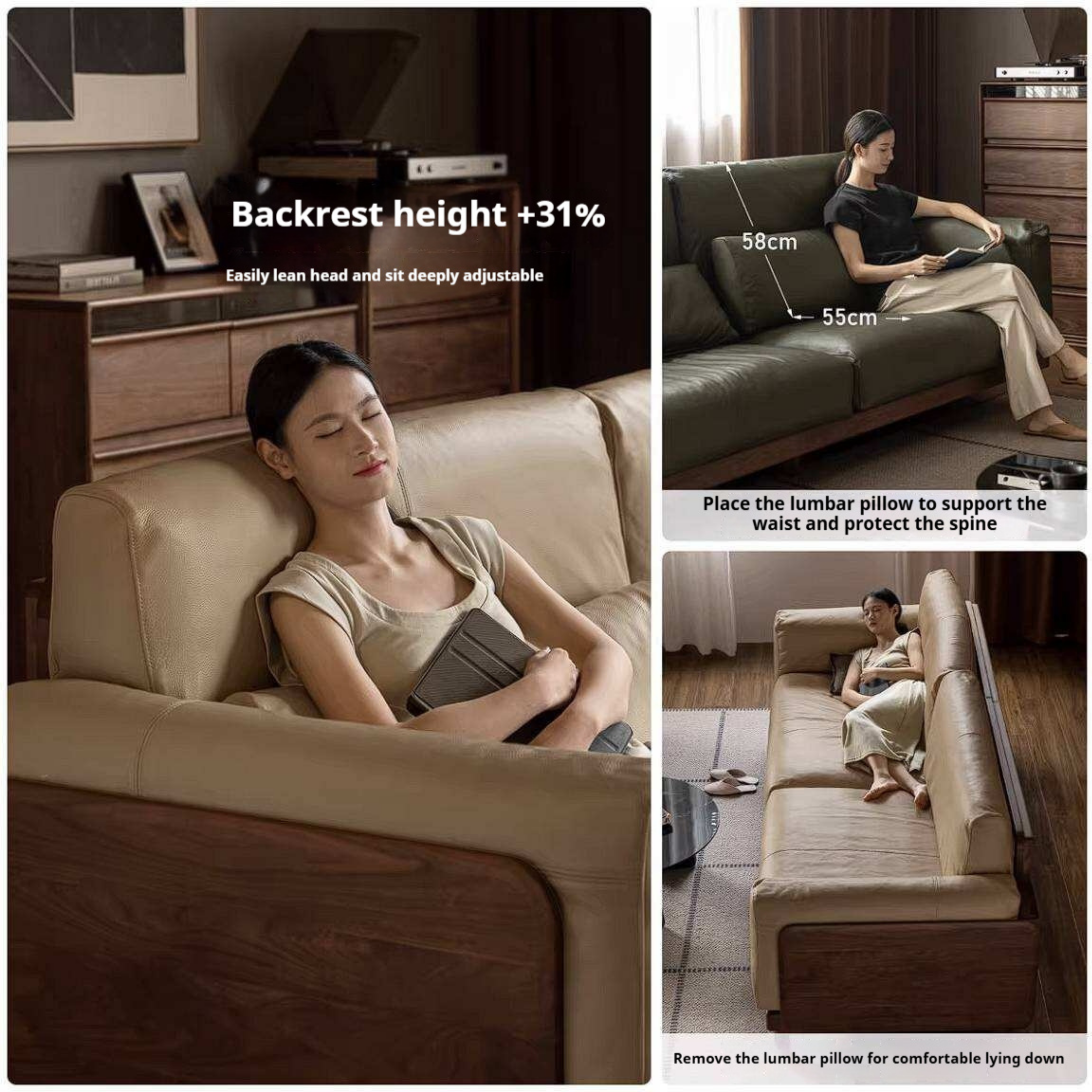 Black Walnut, Golden Sandalwood Solid Wood Sofa Genuine leather, fabric