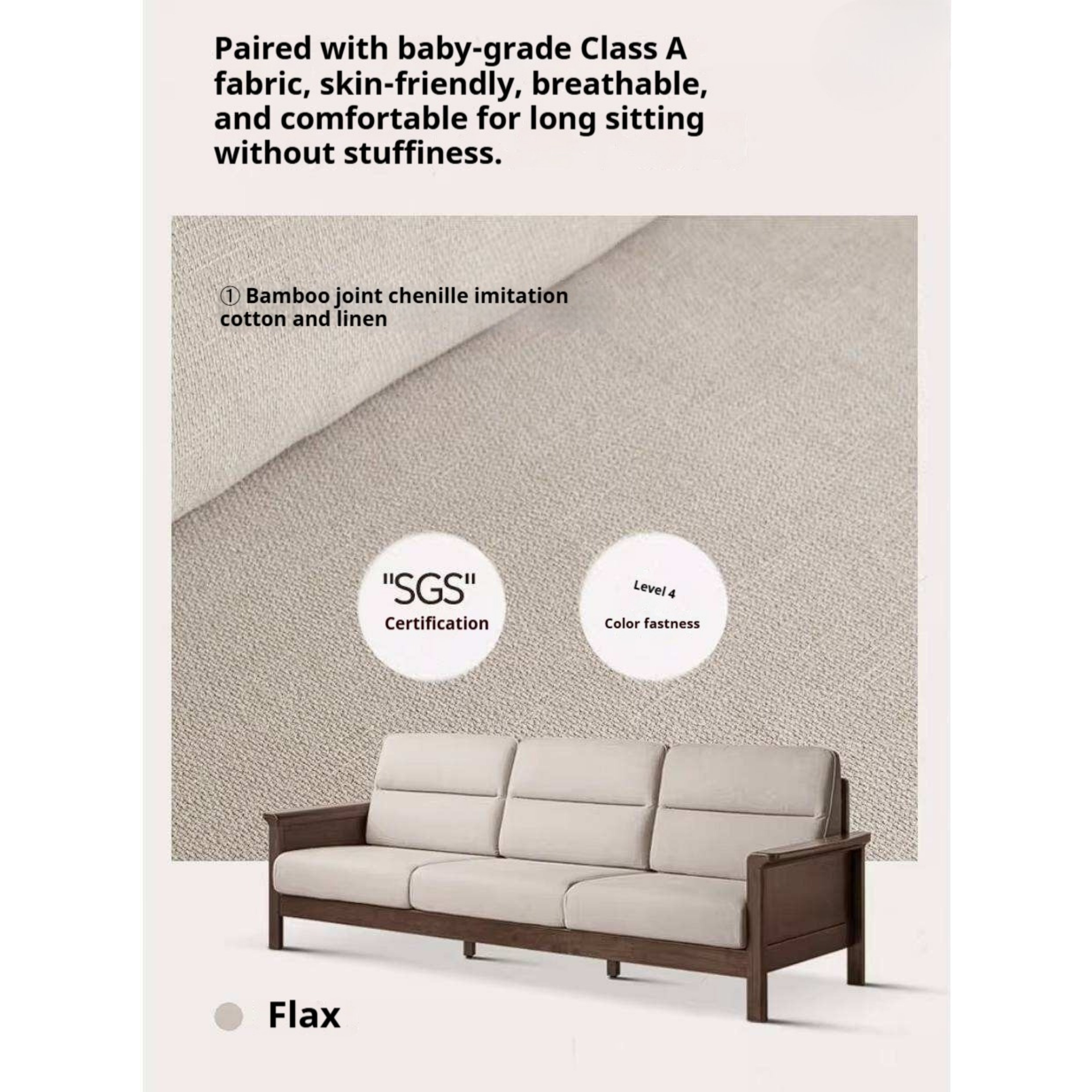 Golden Sandalwood Solid Wood Sofa with Soft Fabric Cushions