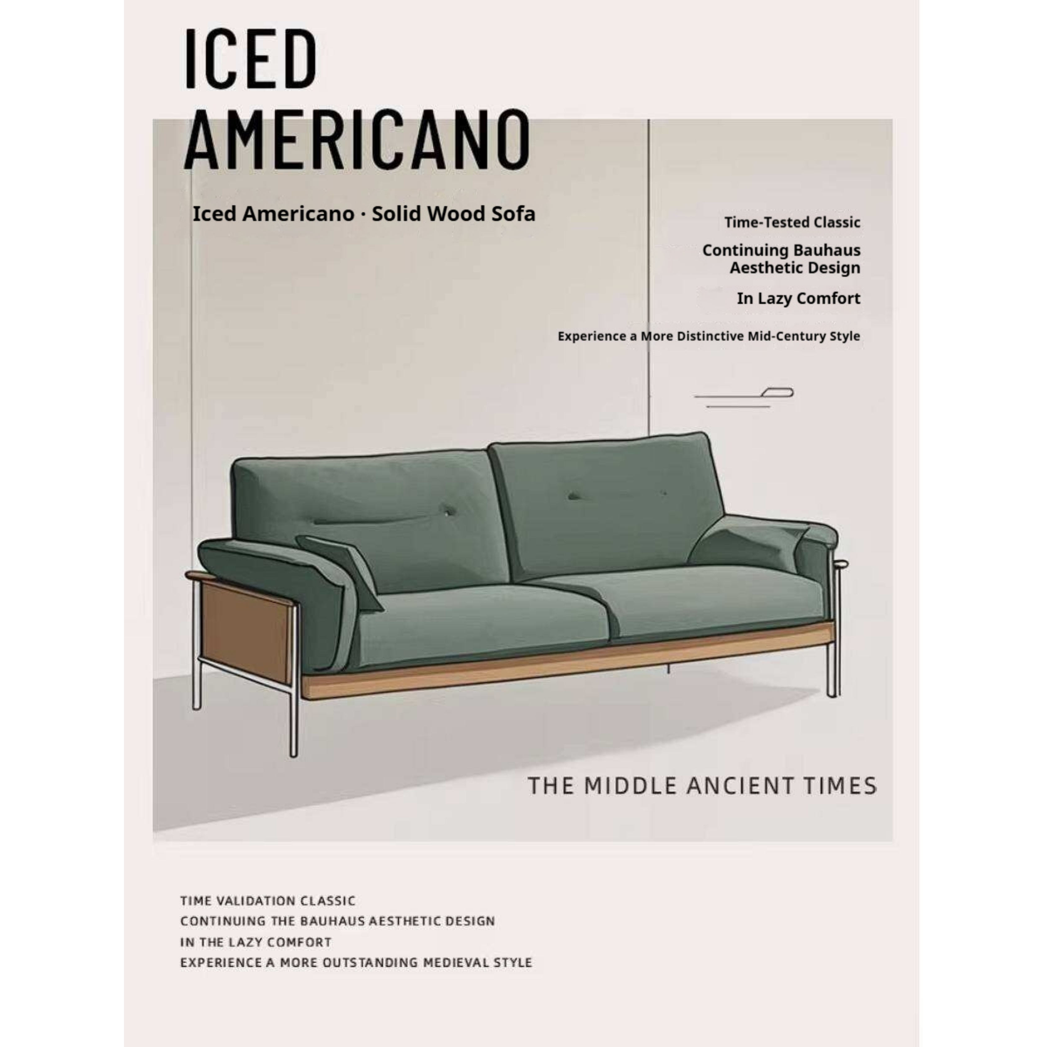 Poplar Solid Wood Sofa with Mid Century Inspired Design