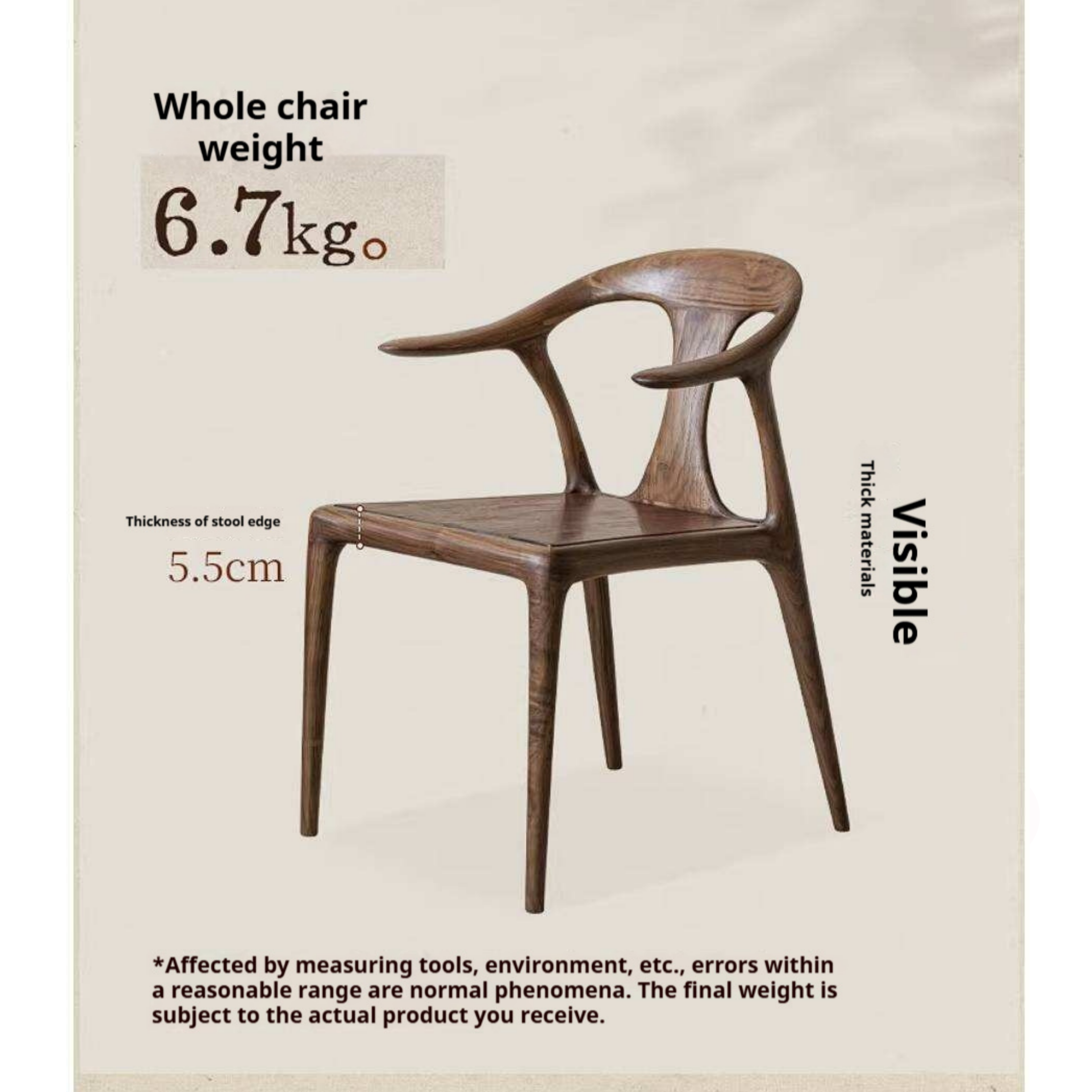 Black Walnut Solid Wood Ox Horn Dining Chair with Carved Curved Armrests