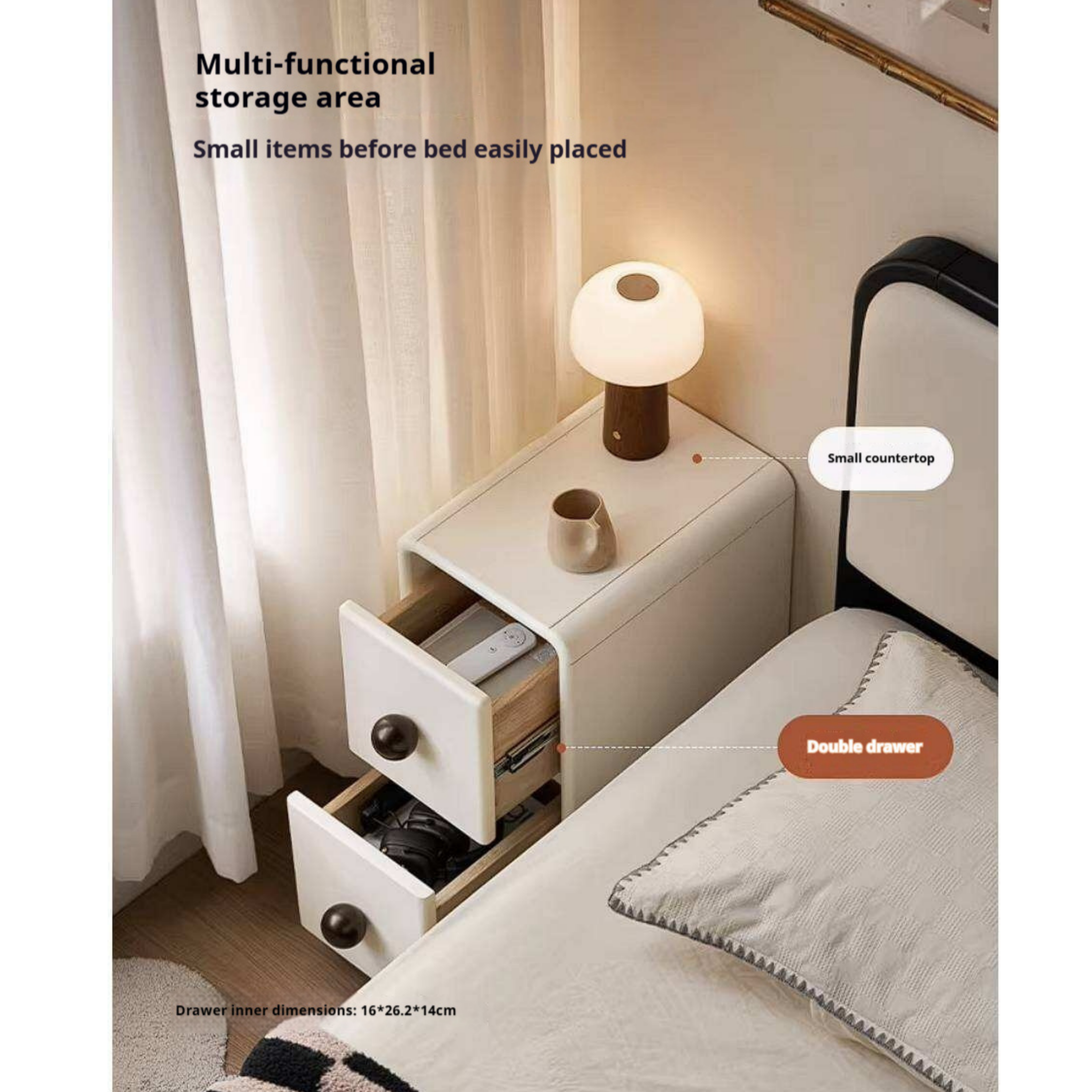 Rubberwood Solid Wood Slim Cream White Nightstand with Rounded Corners and Two Drawers