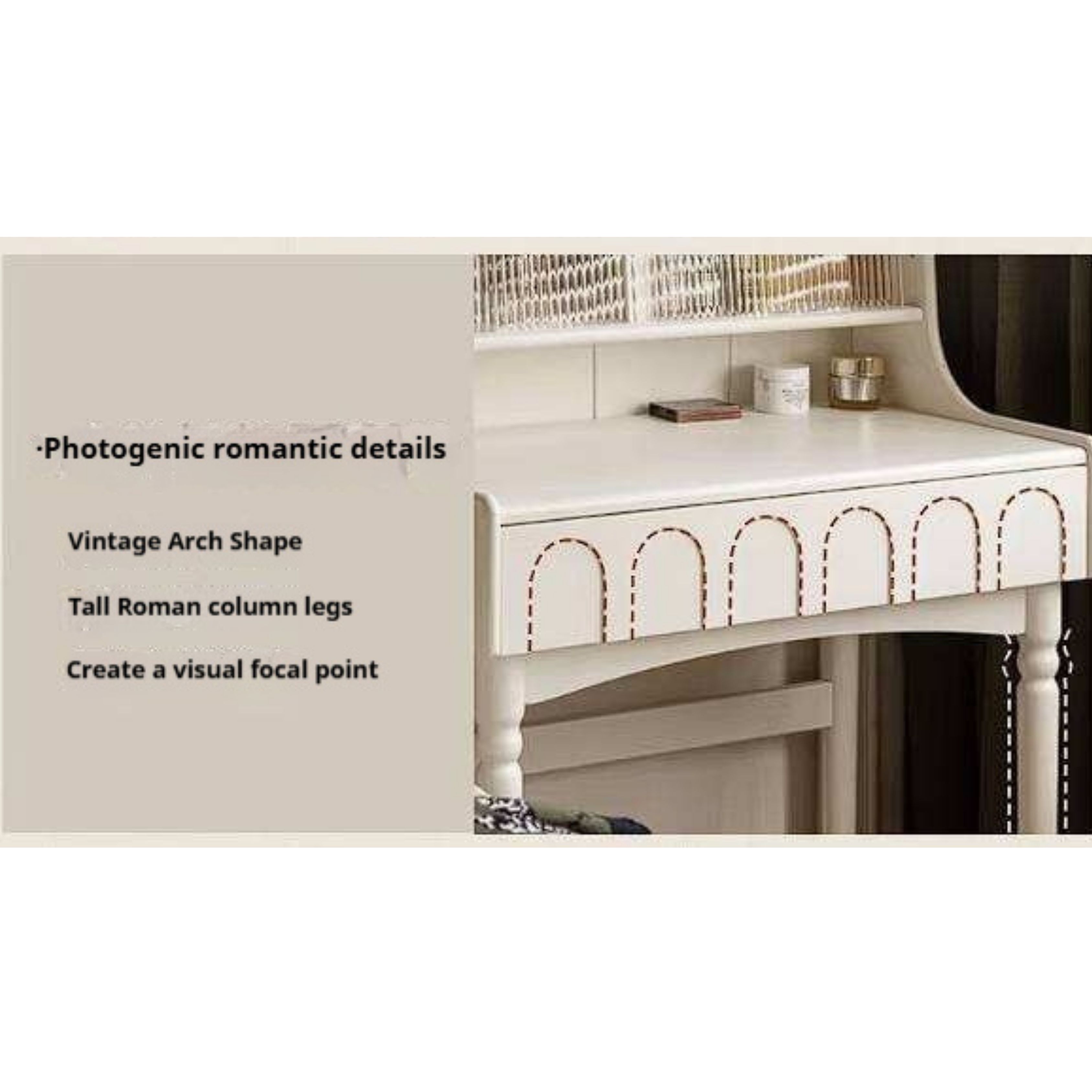 Rubberwood Solid Wood French Retro Vanity Desk with Lighted Storage Mirror and Drawers