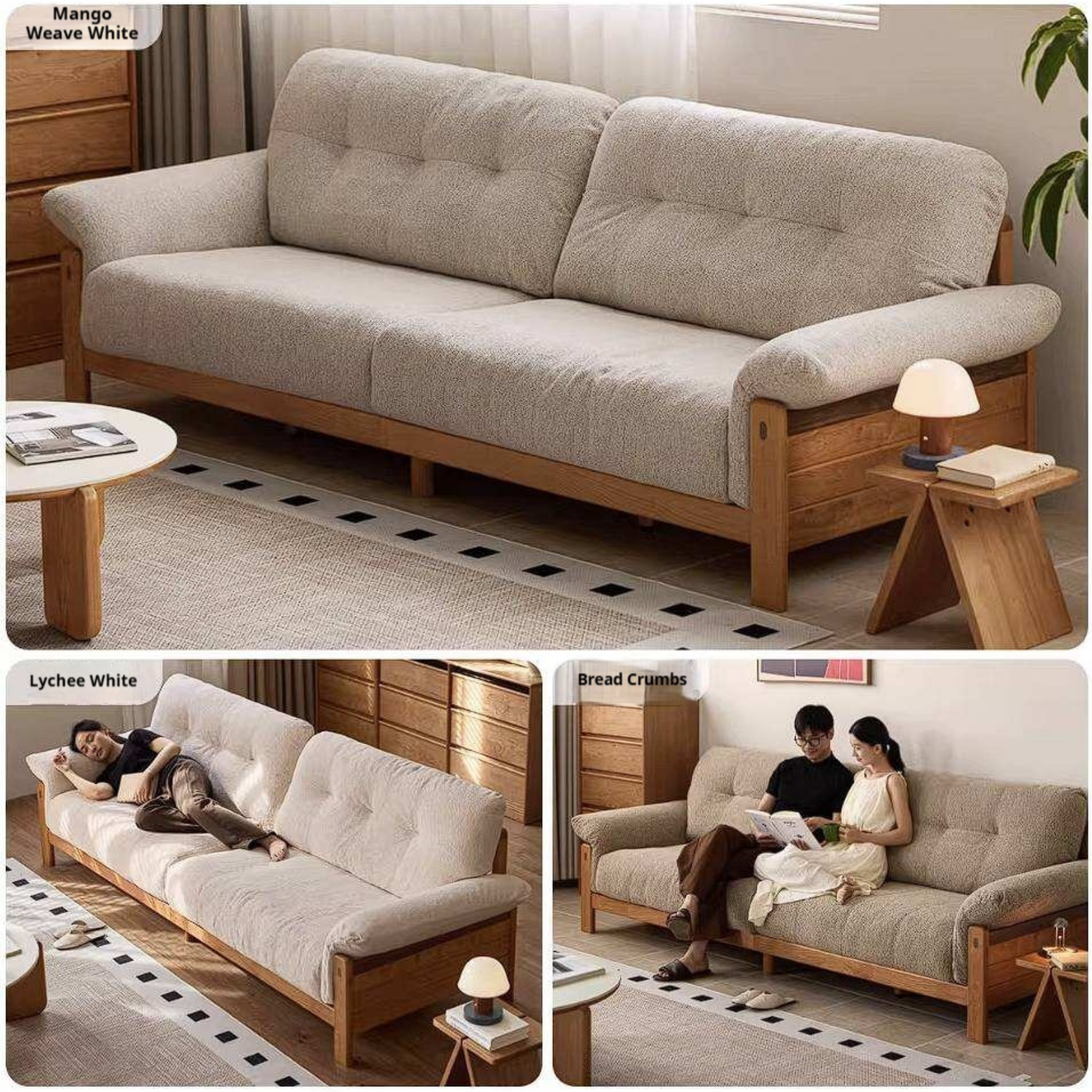 Cherry Solid Wood Vintage Frame Chenille Sofa with Exposed Slatted Arms