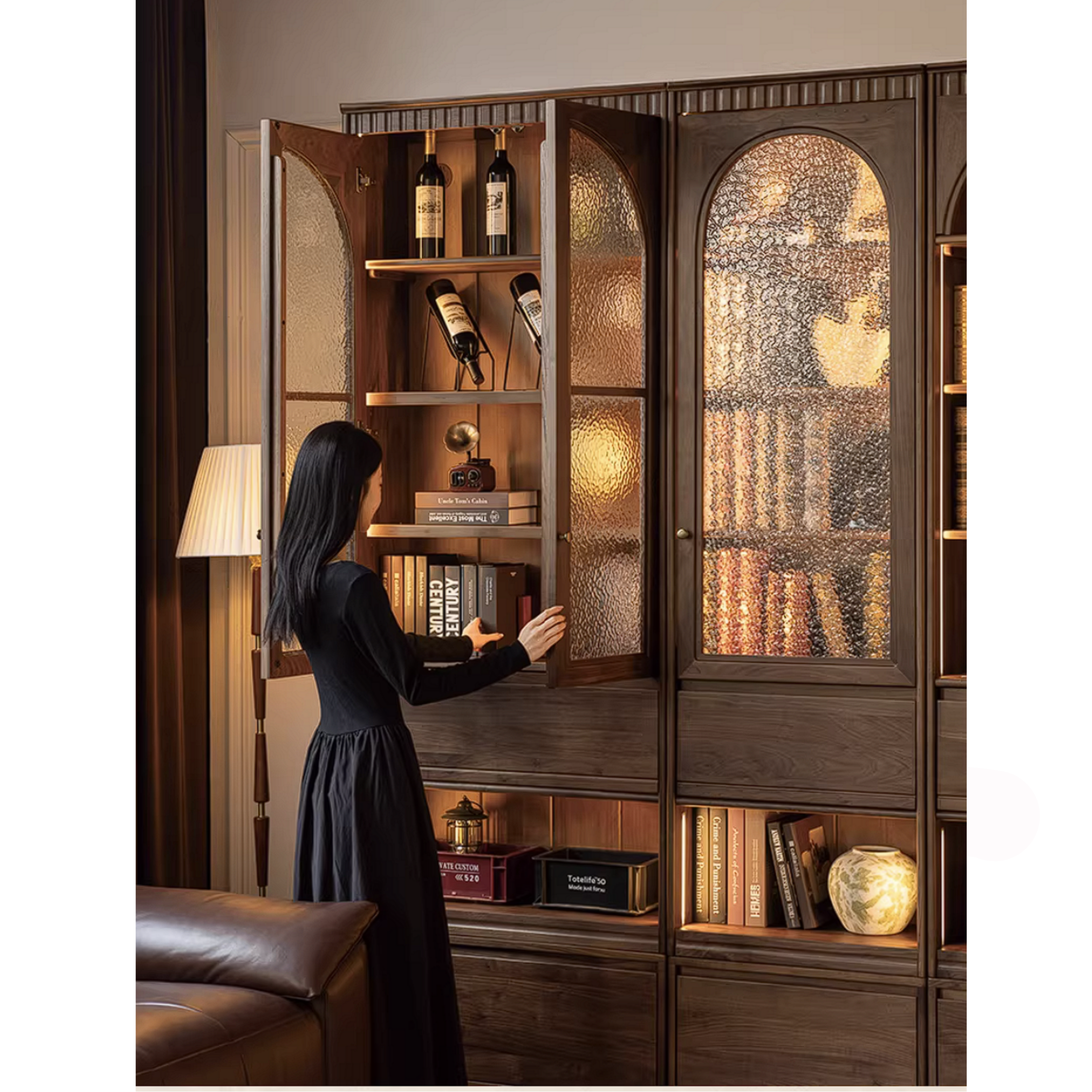 Black Walnut Solid Wood Arched Vintage Bookcase with Glass Door and Storage Drawer