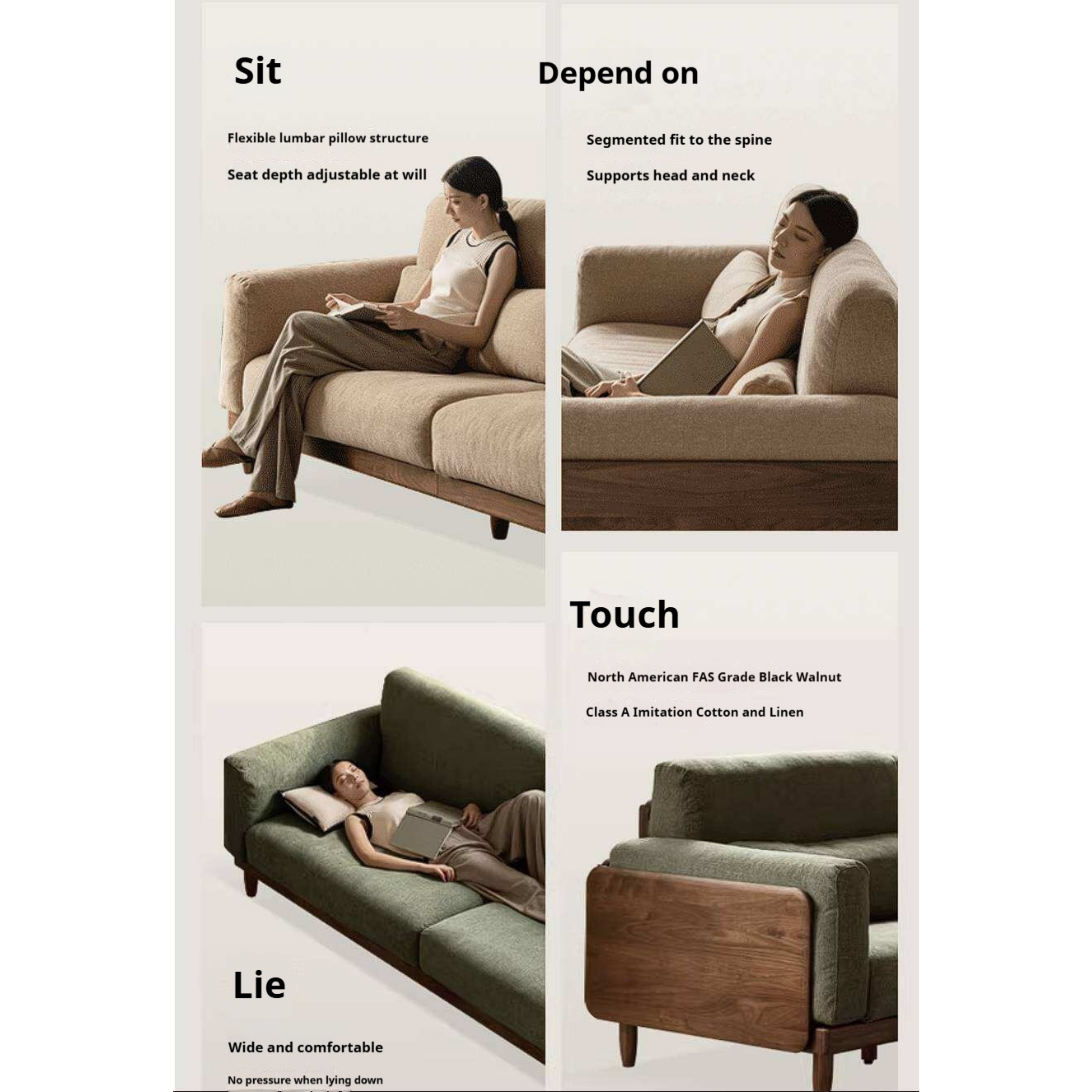 Black Walnut, Golden Sandalwood Solid Wood Sofa with Extra-Deep Seat