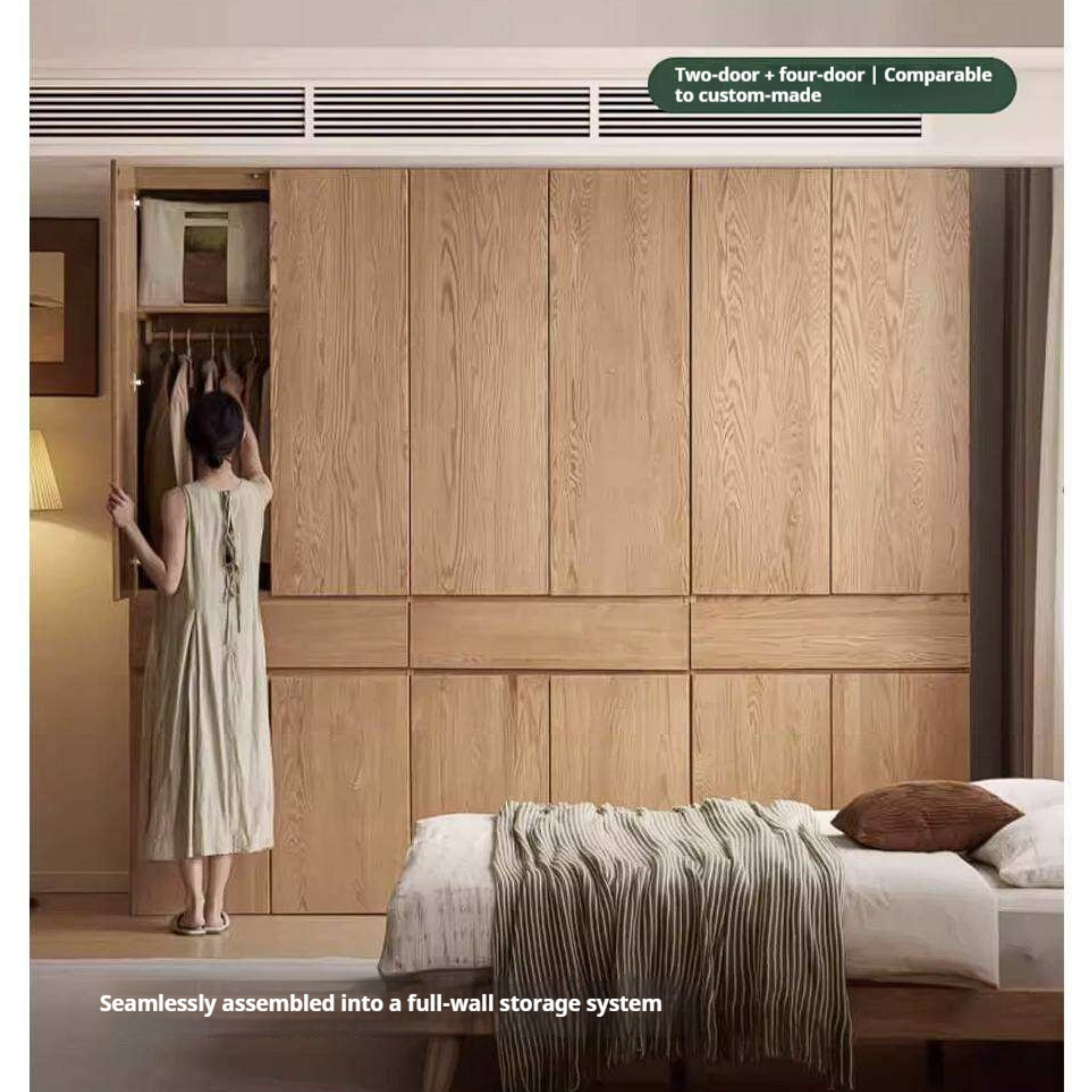 Oak Solid Wood Double Door Wardrobe with pull-out storage drawers Design