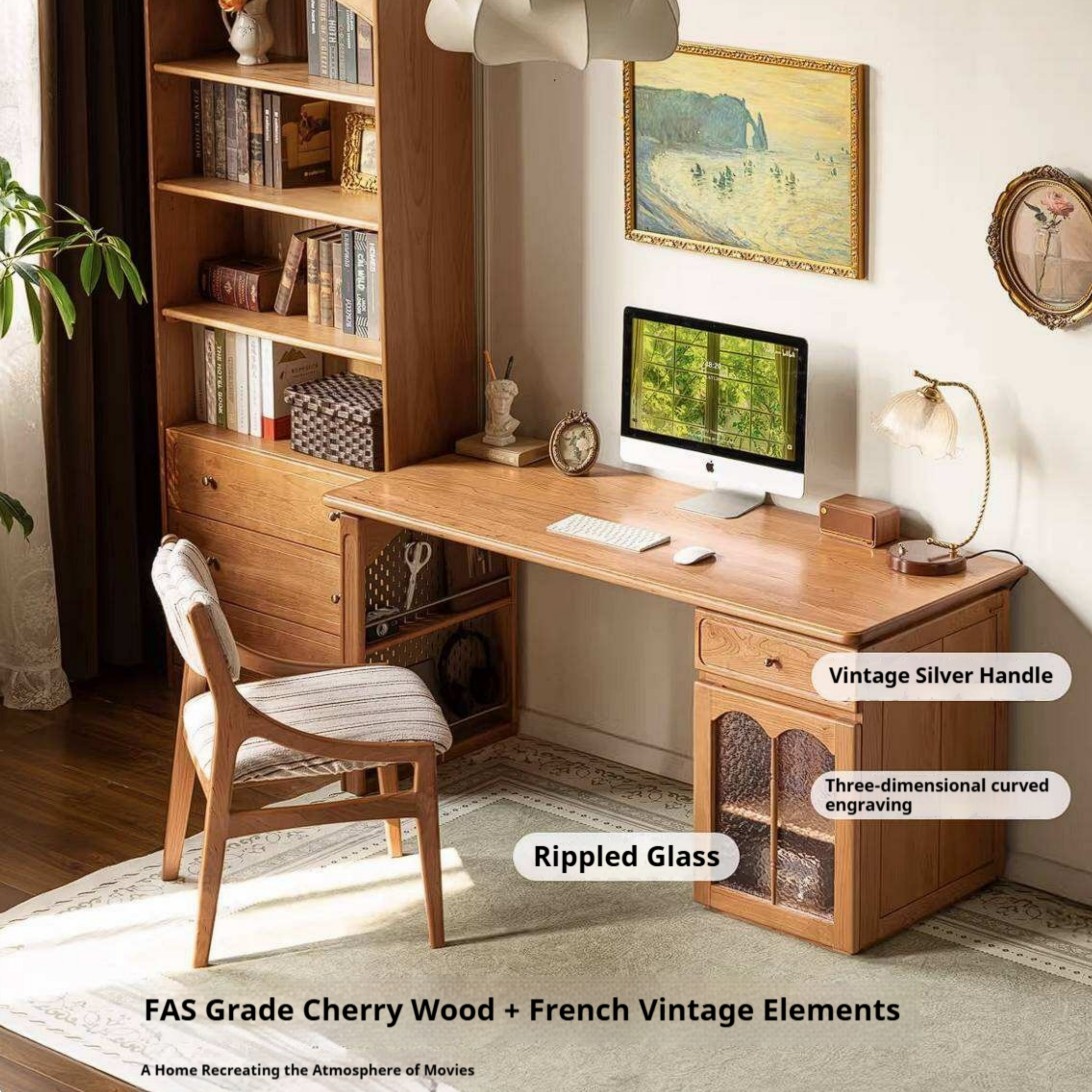Cherry Solid Wood French Country Writing Desk with Bookshelf Hutch and Cane Door Cabinet