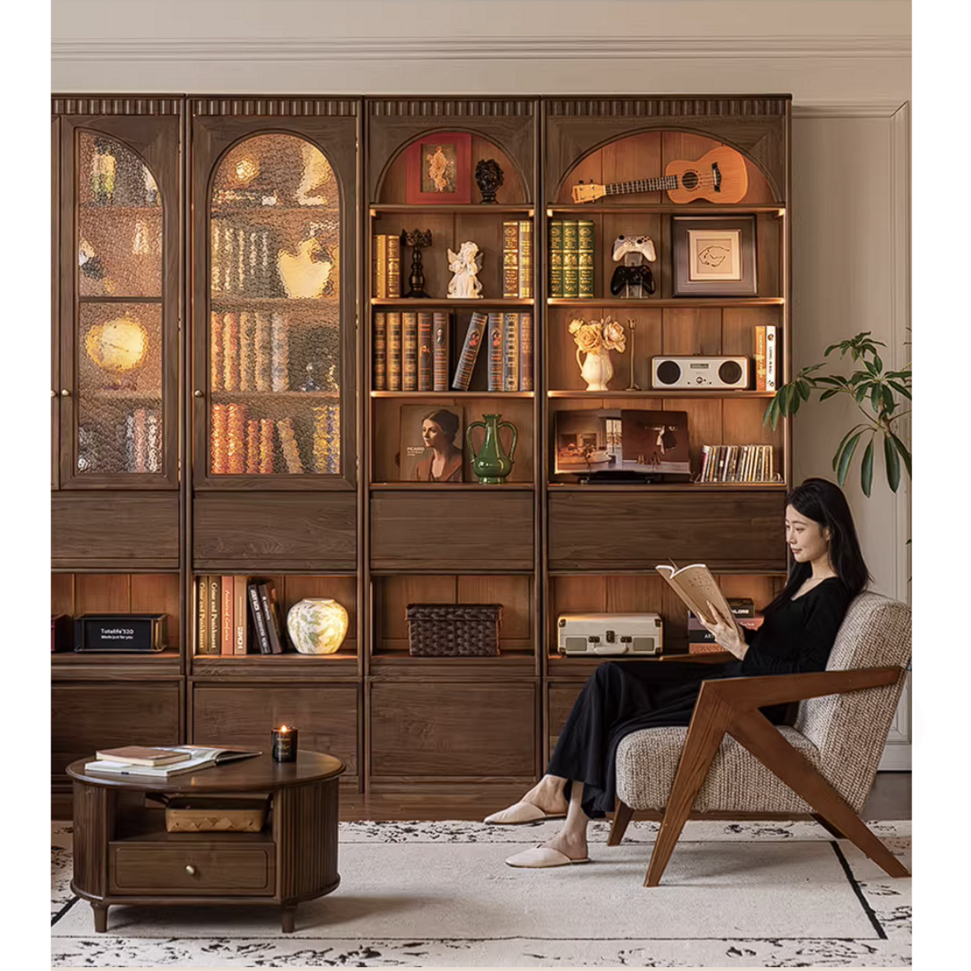 Black Walnut Solid Wood Arched Vintage Bookcase with Glass Door and Storage Drawer