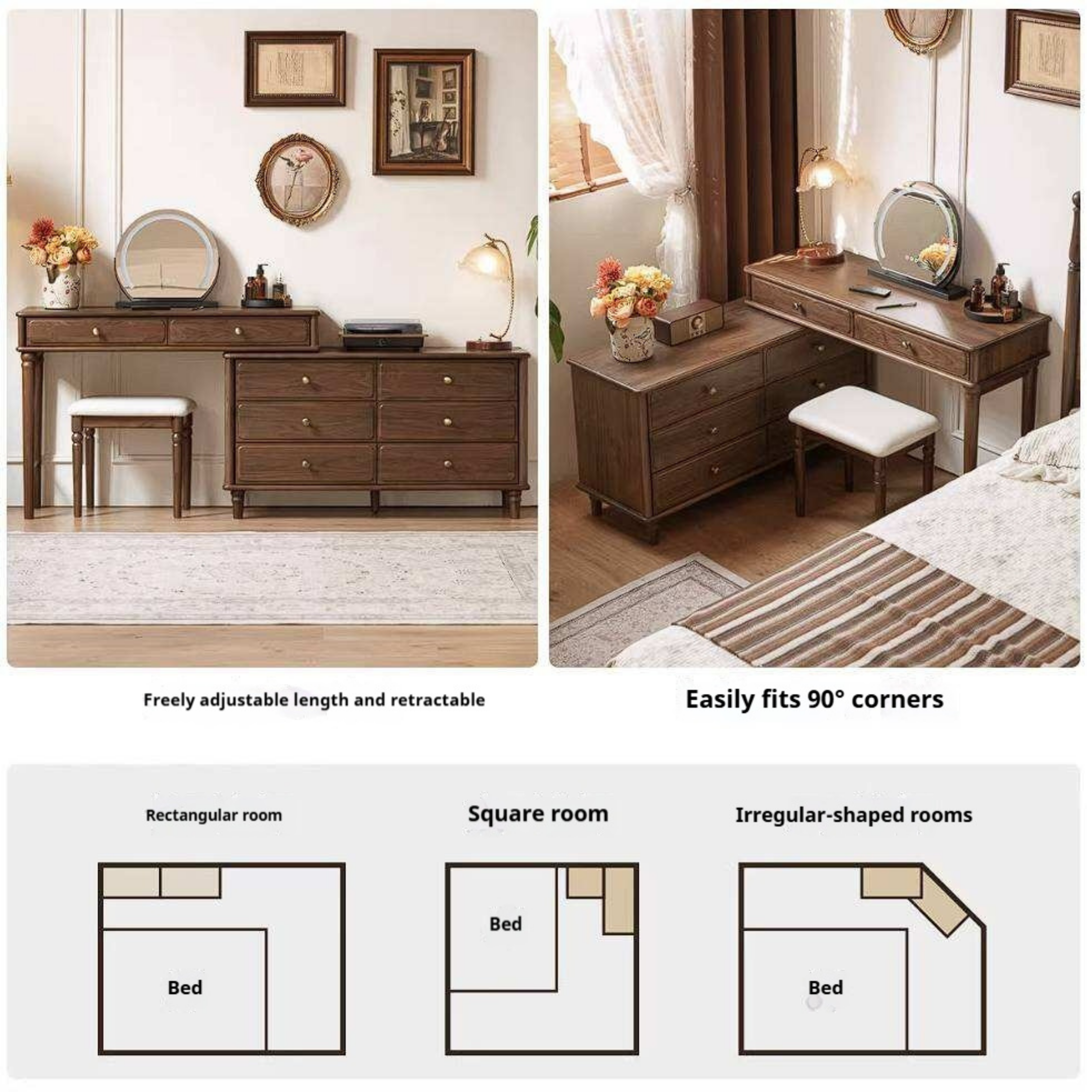 Black Walnut, Oak Solid Wood Extendable Vanity Desk and 6-Drawer Dresser Combo