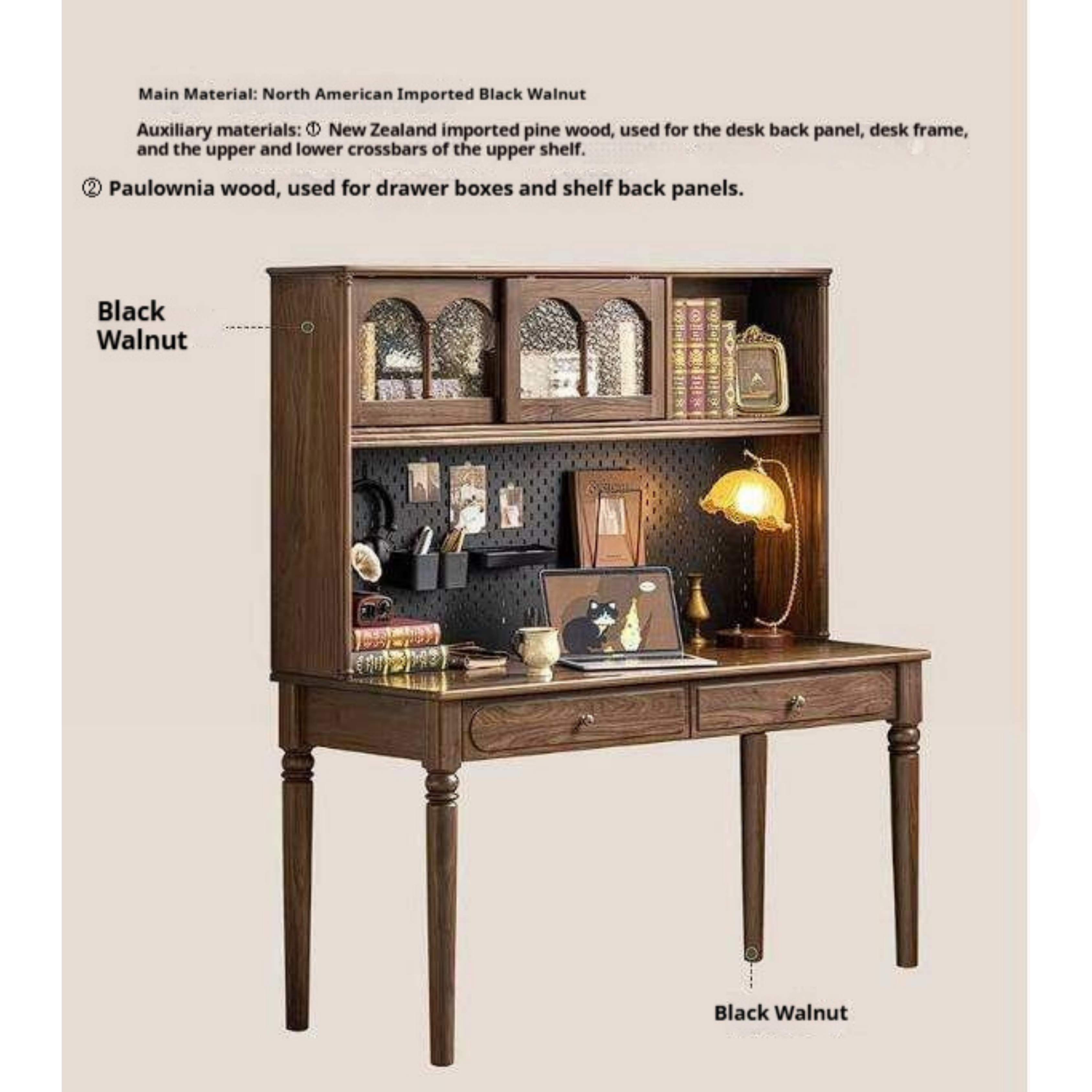 Black Walnut Solid Wood French Vintage Writing Desk with Arched Cane Door Hutch and Turned Spindle Legs