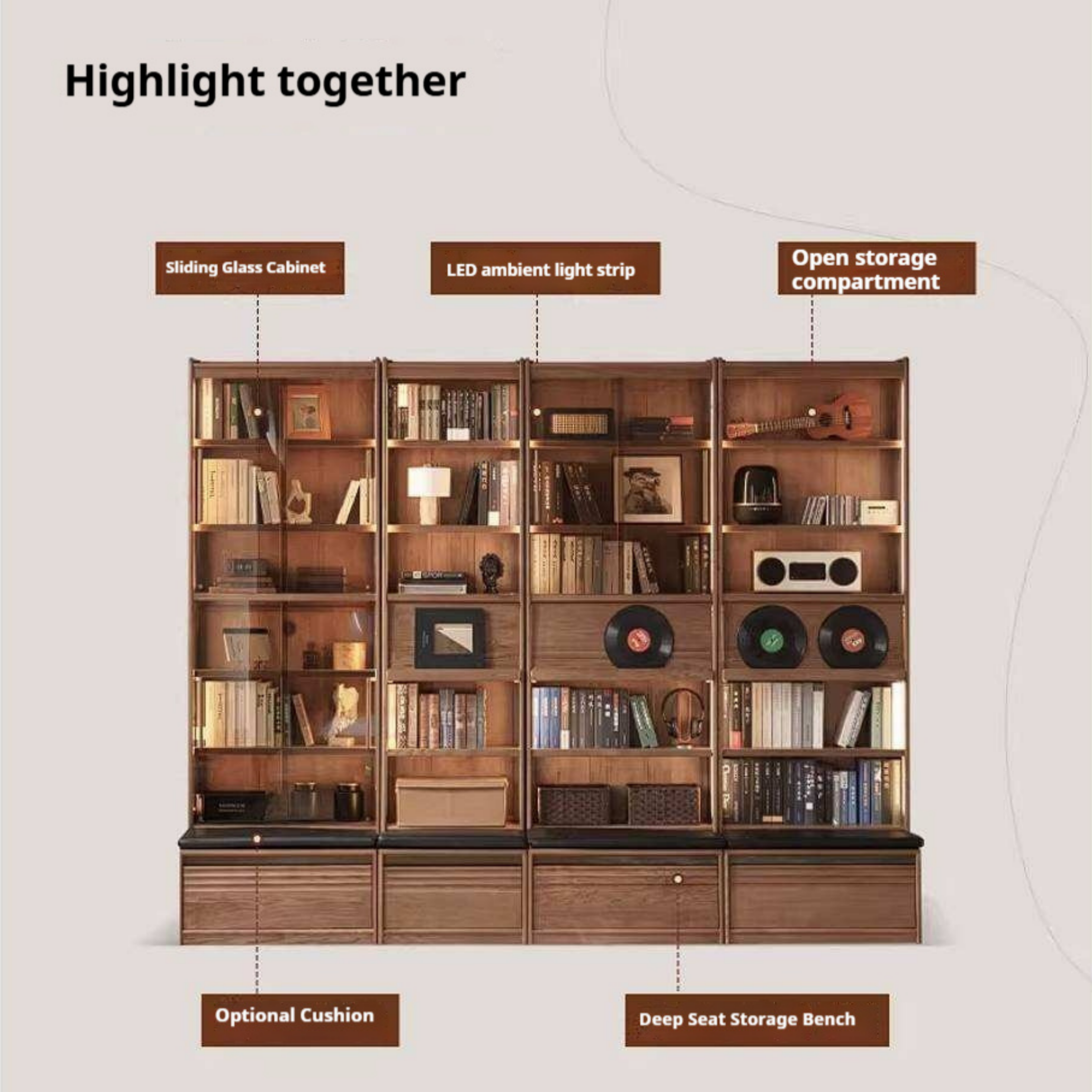 Ash Solid Wood Bookcase with Built In Bench Seat and Storage Drawer, Display Cabinet